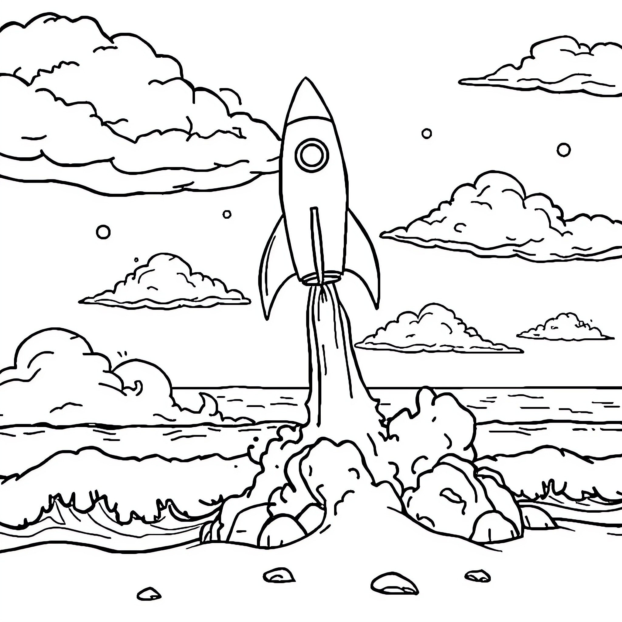 Rocket Ship Launching into Space with Clouds Coloring Page (free black-and-white line drawing printable PDF for all, from beginners to advanced learners, including children, teens, adults, and seniors)