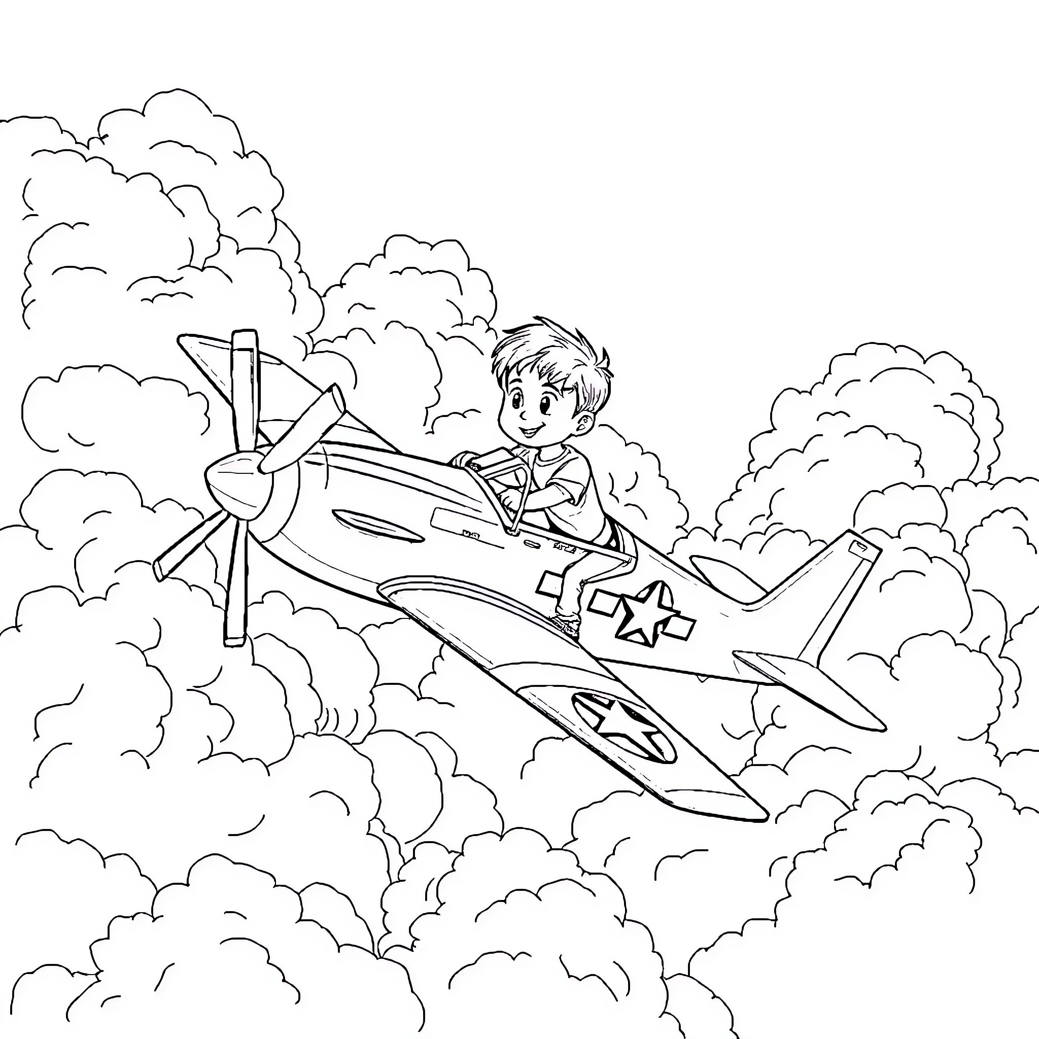 P-51 Mustang Pilot in Aerial Dogfight Coloring Page (free black-and-white line drawing printable PDF for all, from beginners to advanced learners, including children, teens, adults, and seniors)