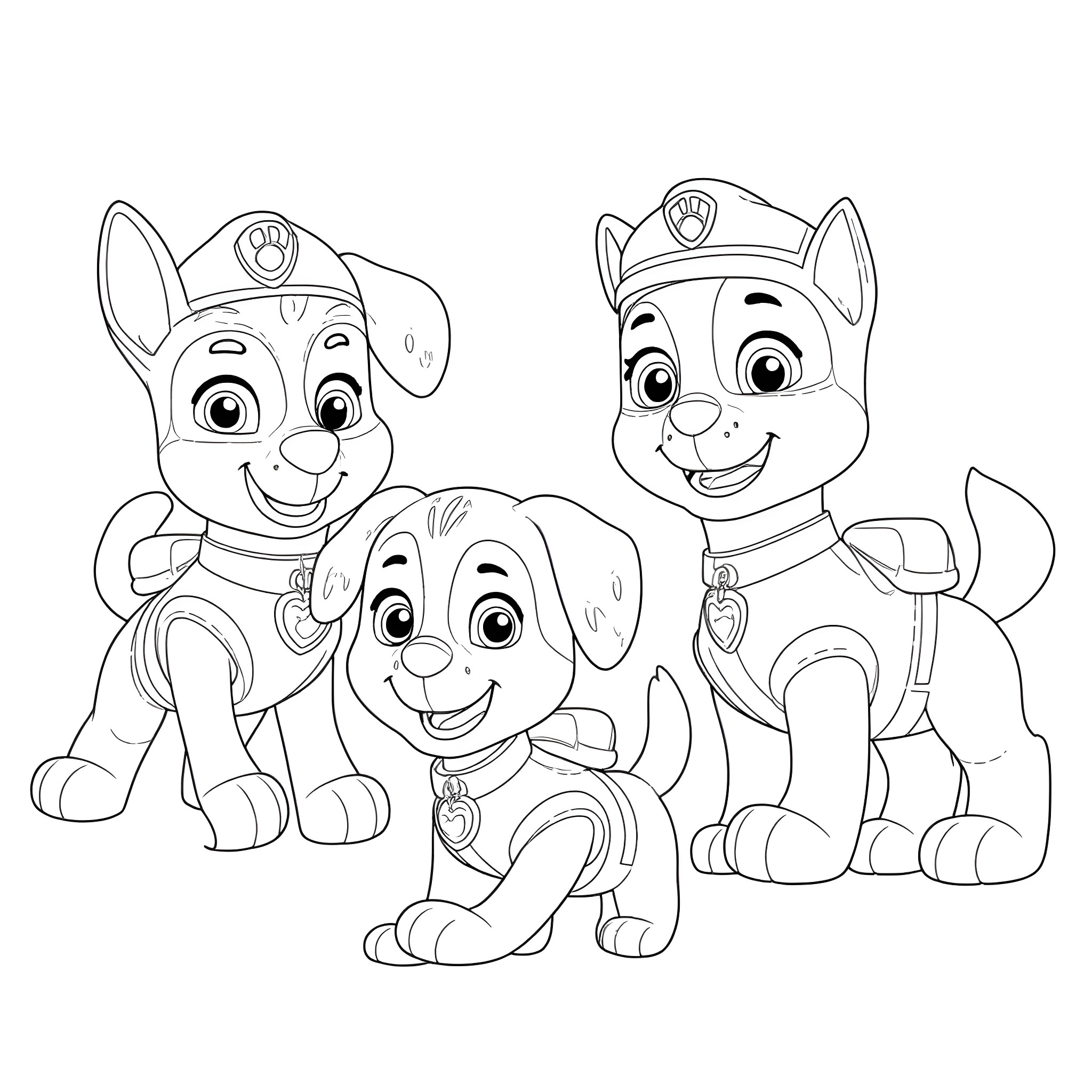 Rubble of puppies in uniforms on patrol Coloring Page (free black-and-white line drawing printable PDF for all, from beginners to advanced learners, including children, teens, adults, and seniors)