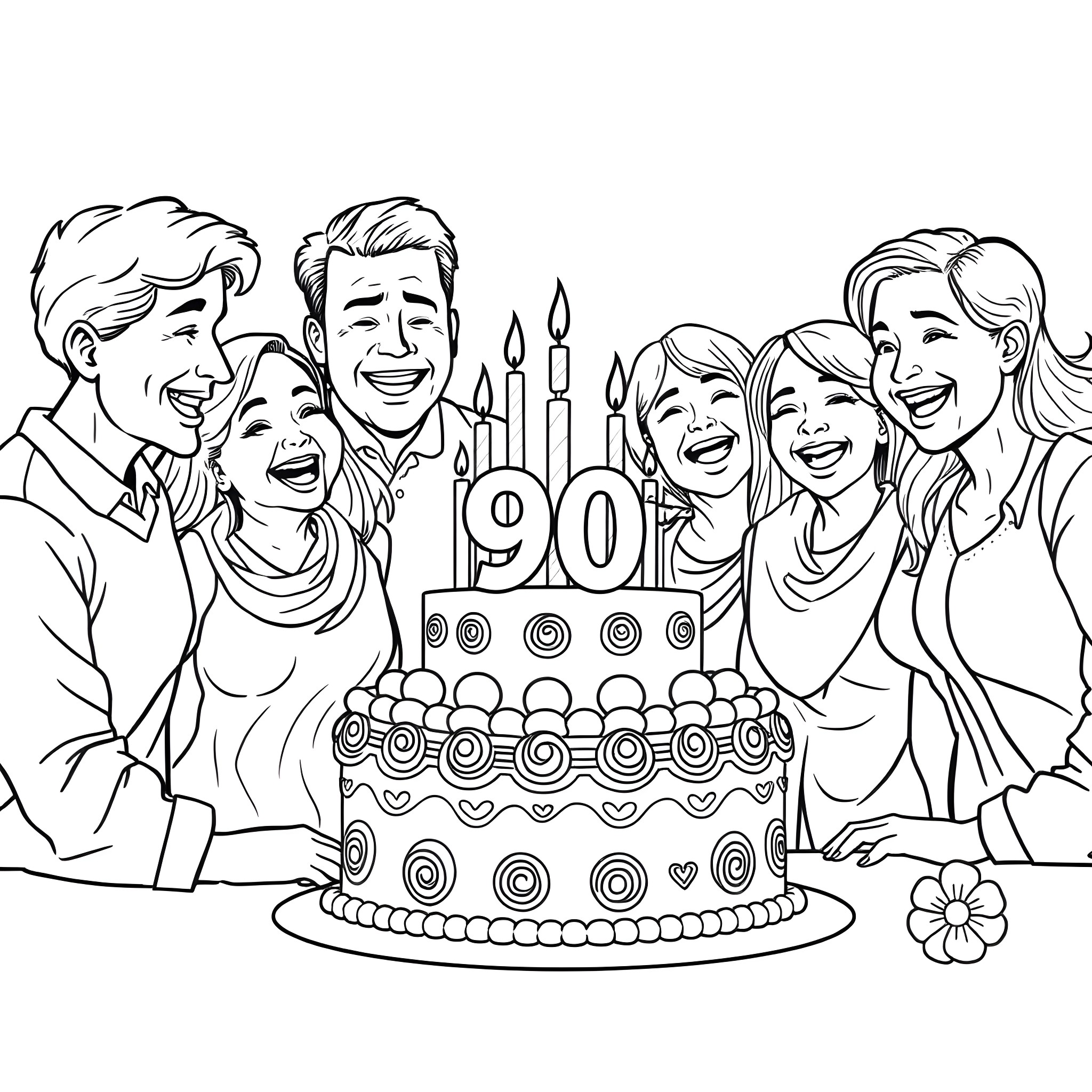 Birthday Celebration with Family and Friends Coloring Page (free black-and-white line drawing printable PDF for all, from beginners to advanced learners, including children, teens, adults, and seniors)