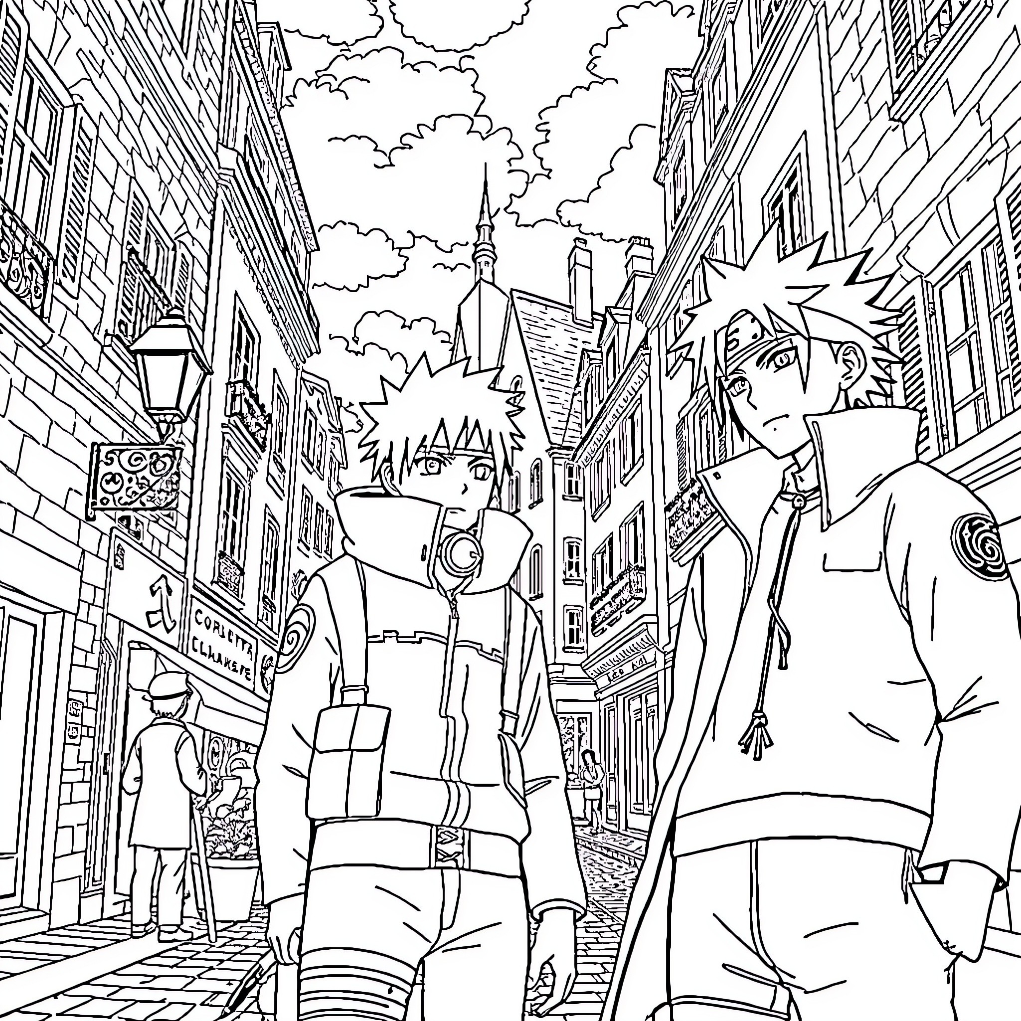 Naruto characters explore bustling anime town Coloring Page (free black-and-white line drawing printable PDF for all, from beginners to advanced learners, including children, teens, adults, and seniors)