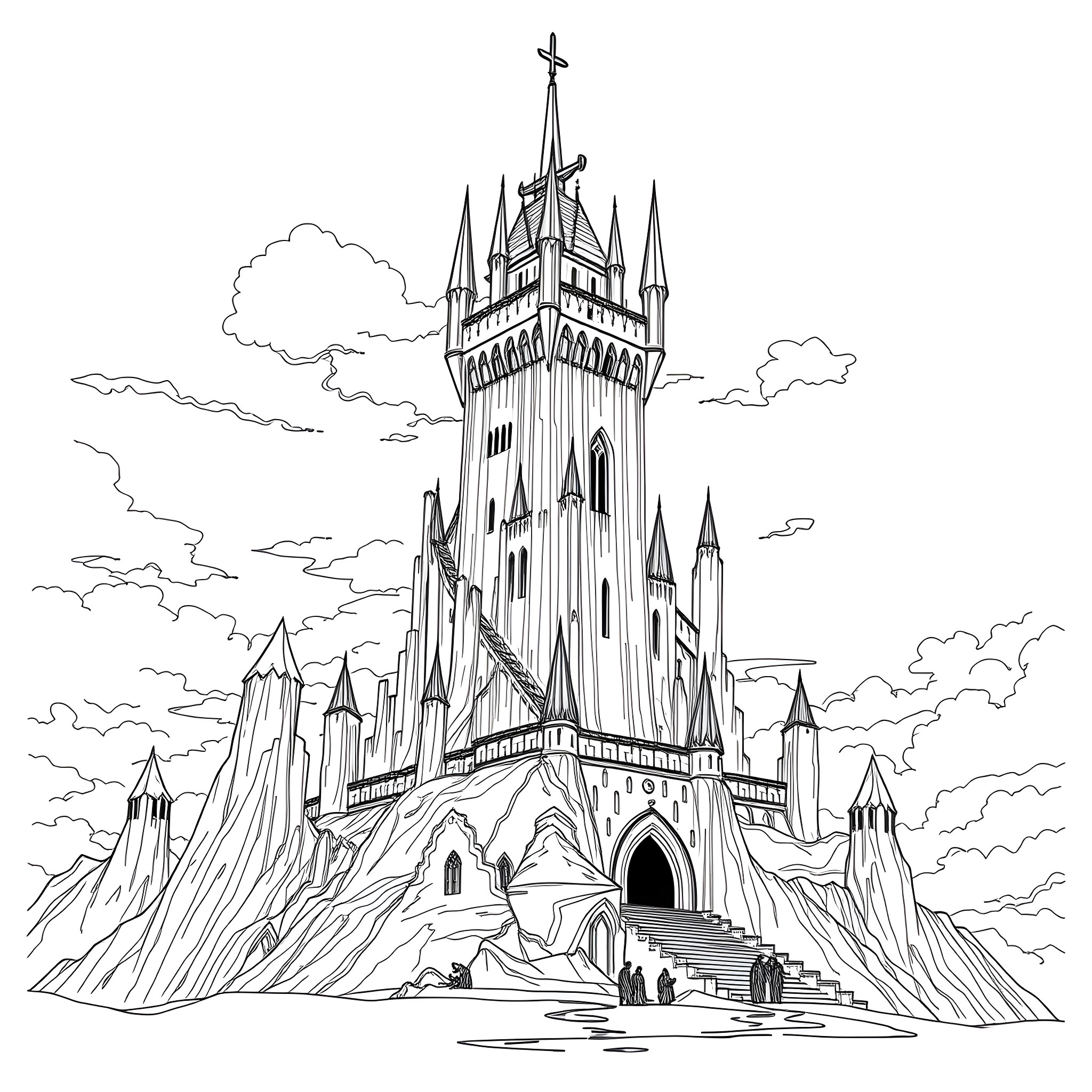 Sauron's Foreboding Castle Looming Over the Horizon Coloring Page (free black-and-white line drawing printable PDF for all, from beginners to advanced learners, including children, teens, adults, and seniors)