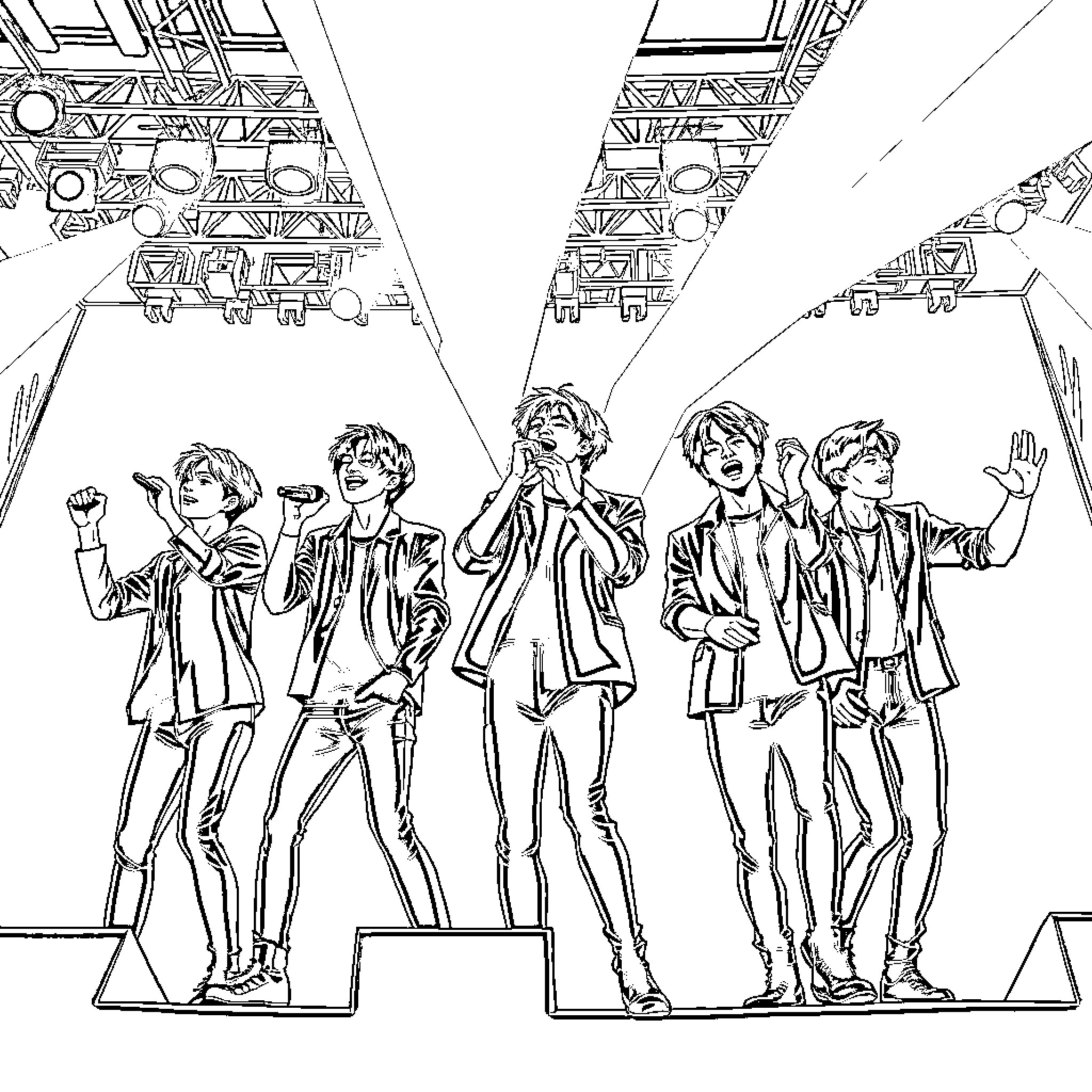 BTS Performing on Stage with Energetic Expressions Coloring Page (free black-and-white line drawing printable PDF for all, from beginners to advanced learners, including children, teens, adults, and seniors)