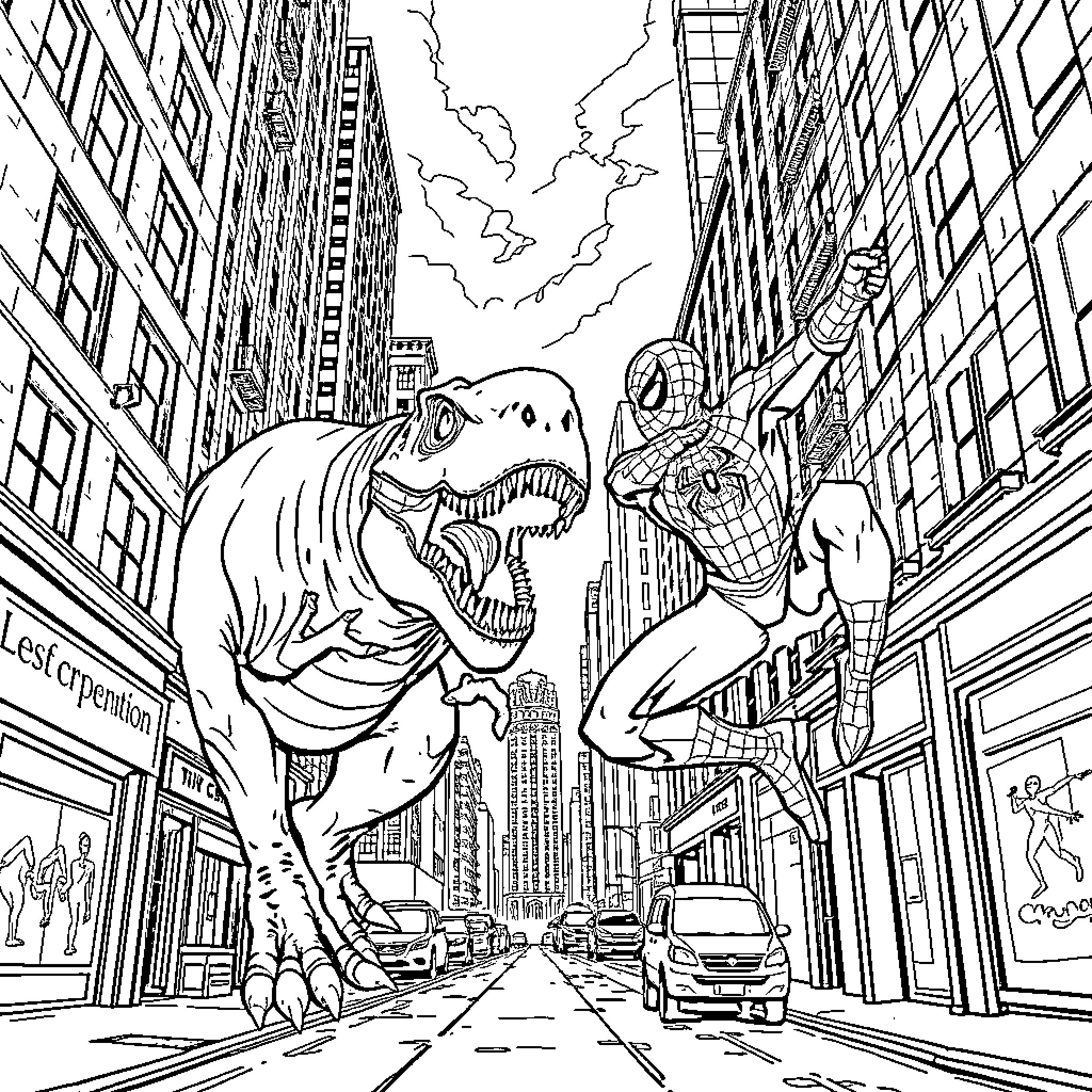Spiderman facing off against a ferocious dinosaur in the city Coloring Page (free black-and-white line drawing printable PDF for all, from beginners to advanced learners, including children, teens, adults, and seniors)