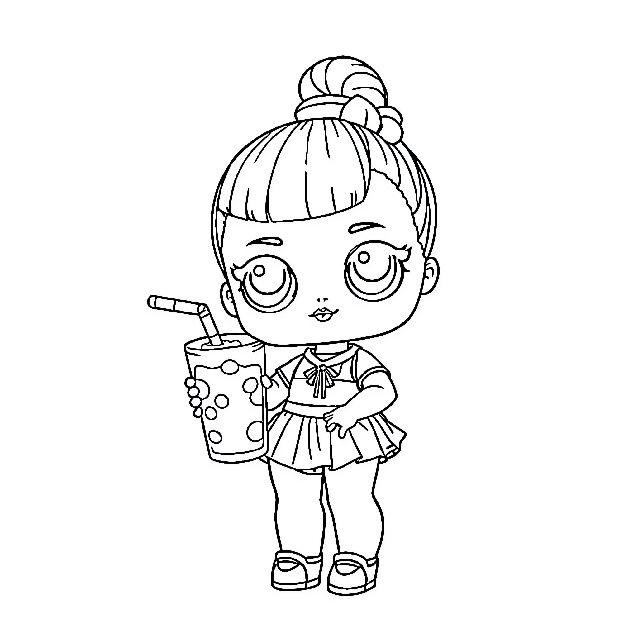 Lol Doll enjoying a refreshing drink Coloring Page (free black-and-white line drawing printable PDF for all, from beginners to advanced learners, including children, teens, adults, and seniors)