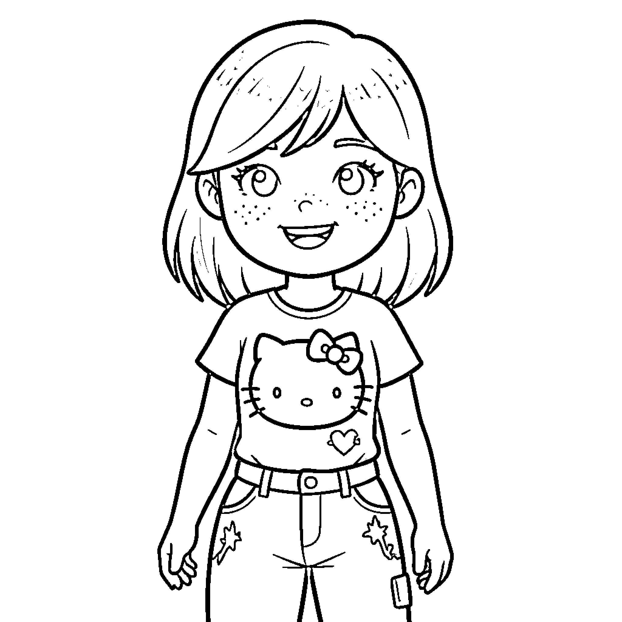 Girl smiling in Hello Kitty shirt Coloring Page (free black-and-white line drawing printable PDF for all, from beginners to advanced learners, including children, teens, adults, and seniors)