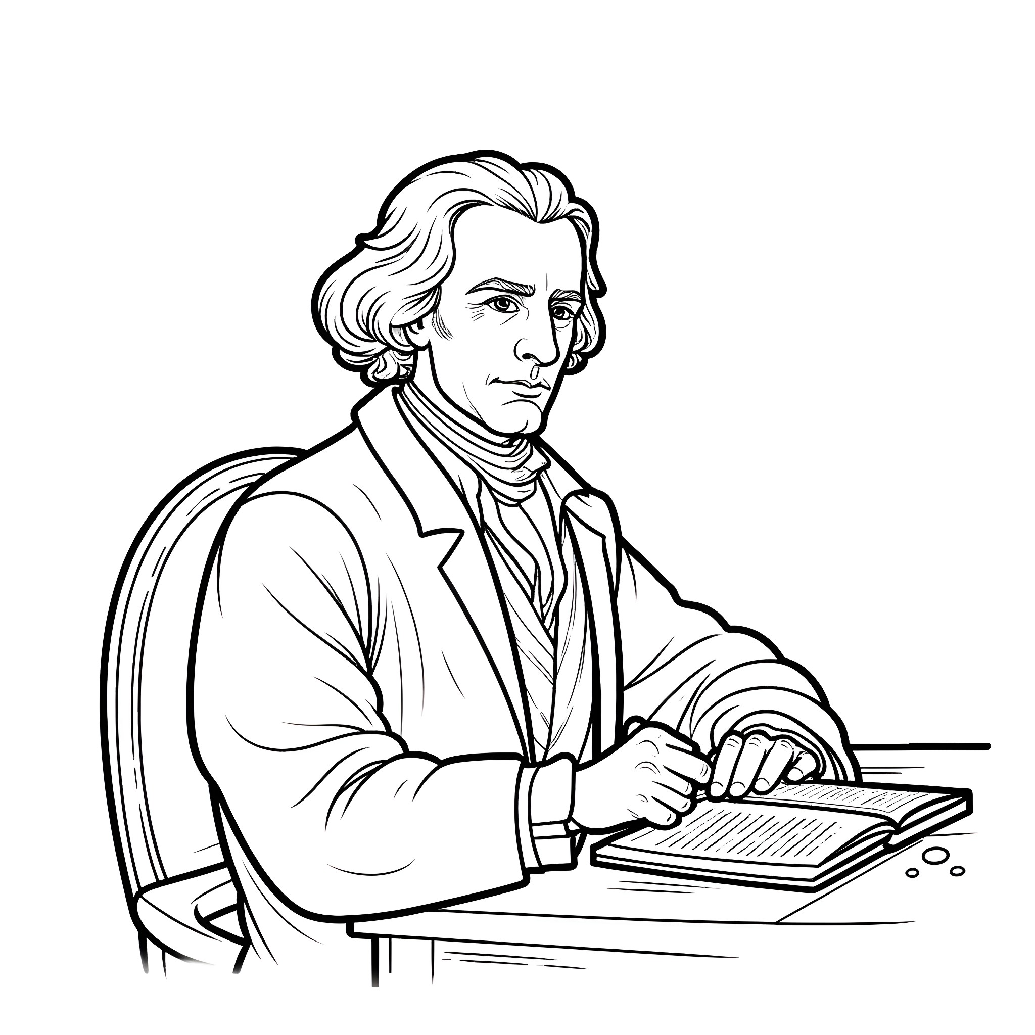 Samuel Hahnemann writing intently at his desk Coloring Page (free black-and-white line drawing printable PDF for all, from beginners to advanced learners, including children, teens, adults, and seniors)
