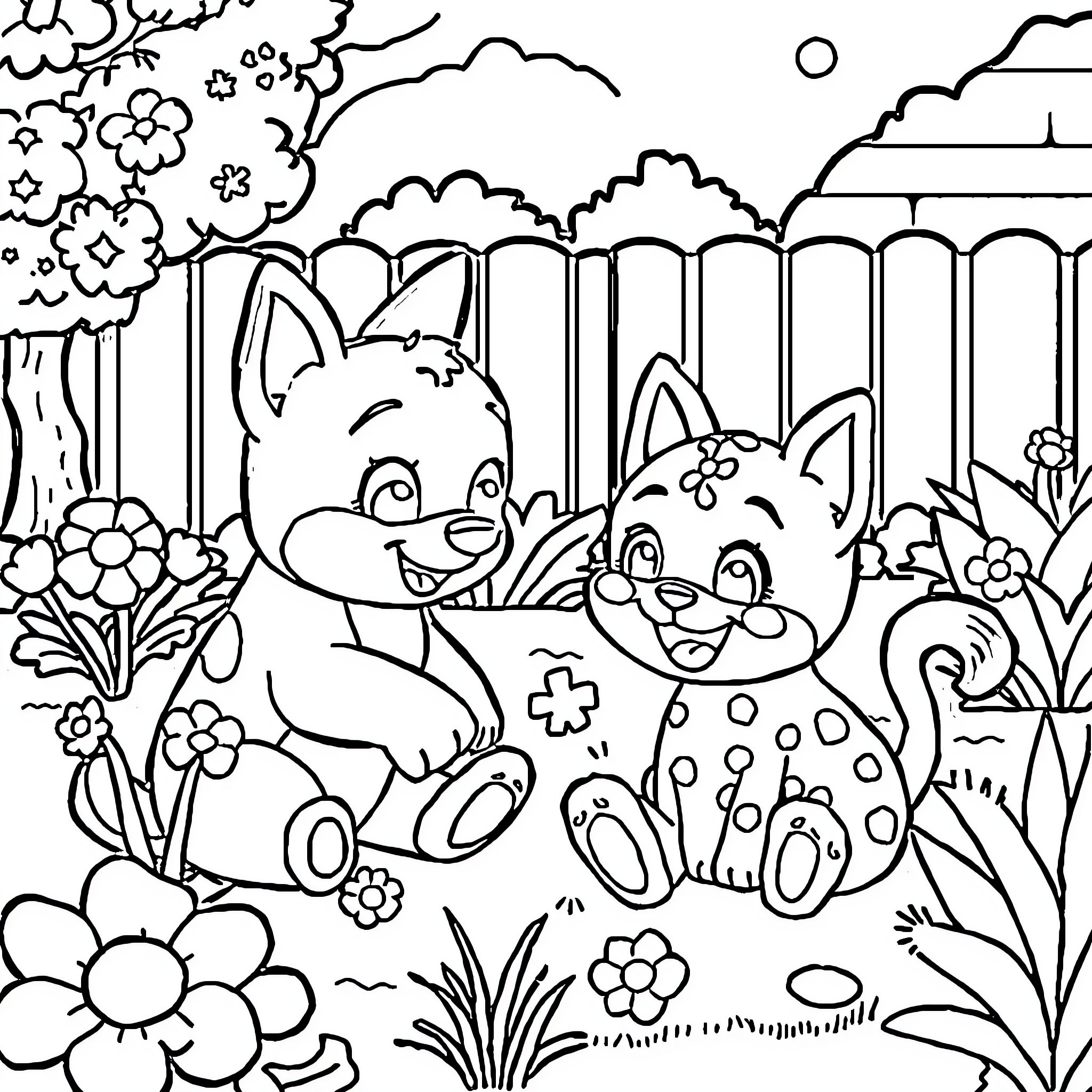 Bluey and Friends Explore the Enchanted Garden Coloring Page (free black-and-white line drawing printable PDF for all, from beginners to advanced learners, including children, teens, adults, and seniors)