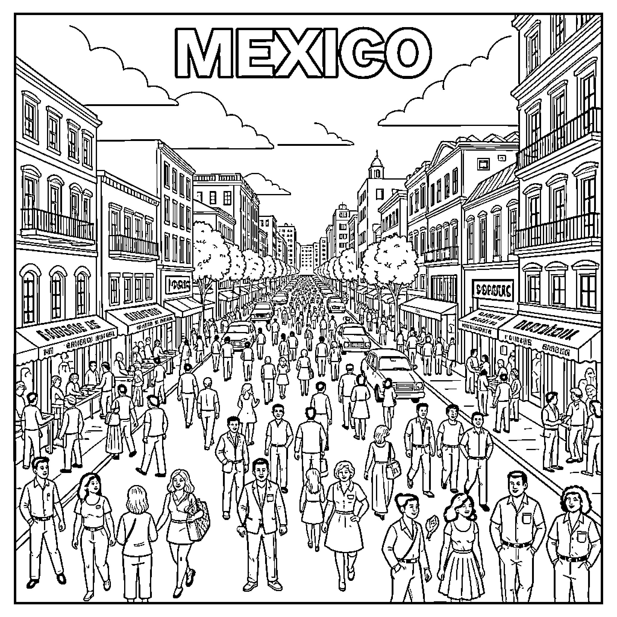 Mexico City: Busy Street Scene with Diverse Crowds Coloring Page (free black-and-white line drawing printable PDF for all, from beginners to advanced learners, including children, teens, adults, and seniors)