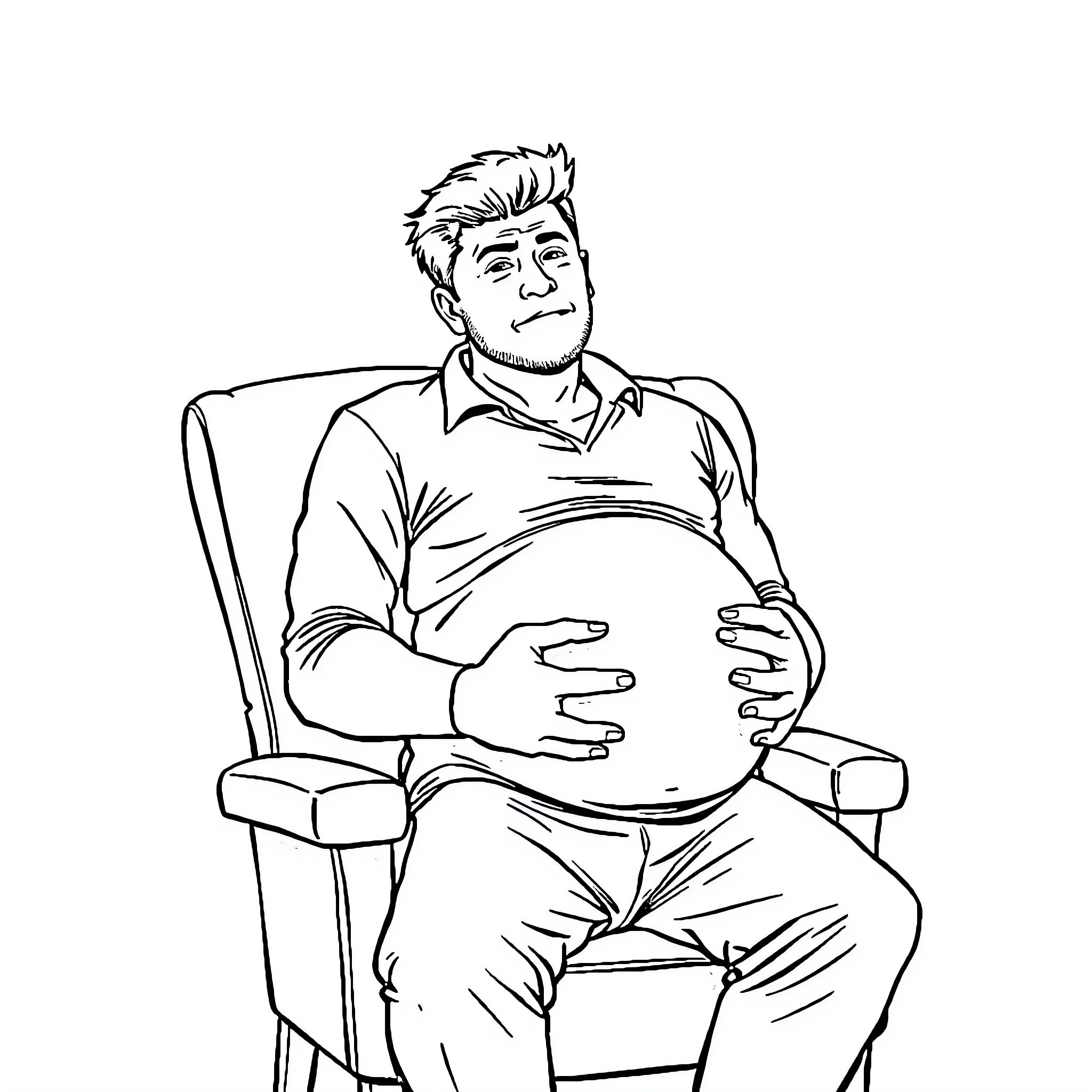 Pregnant Man Seated in a Chair Coloring Page (free black-and-white line drawing printable PDF for all, from beginners to advanced learners, including children, teens, adults, and seniors)