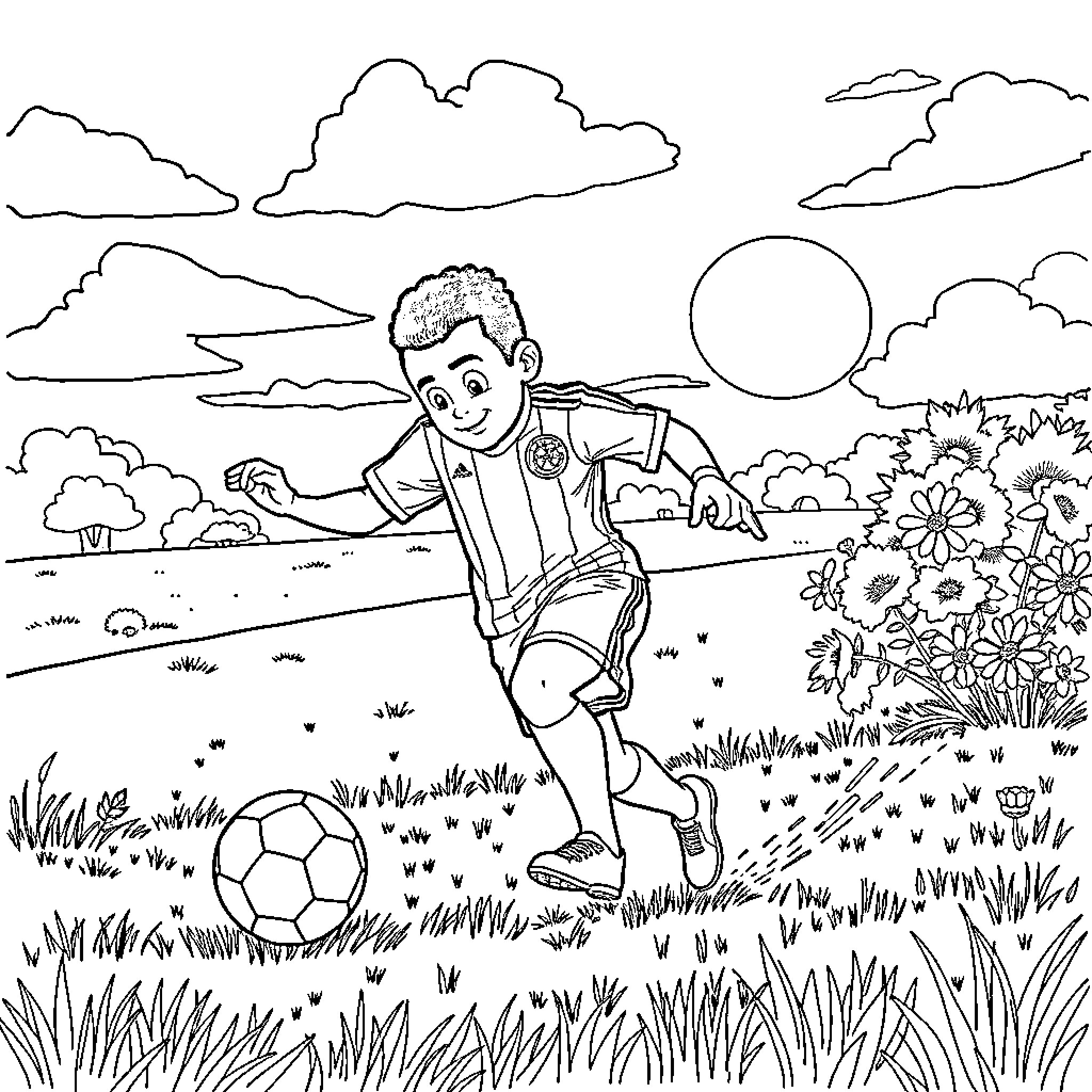 Paul Biya playing soccer in a field of flowers Coloring Page (free black-and-white line drawing printable PDF for all, from beginners to advanced learners, including children, teens, adults, and seniors)