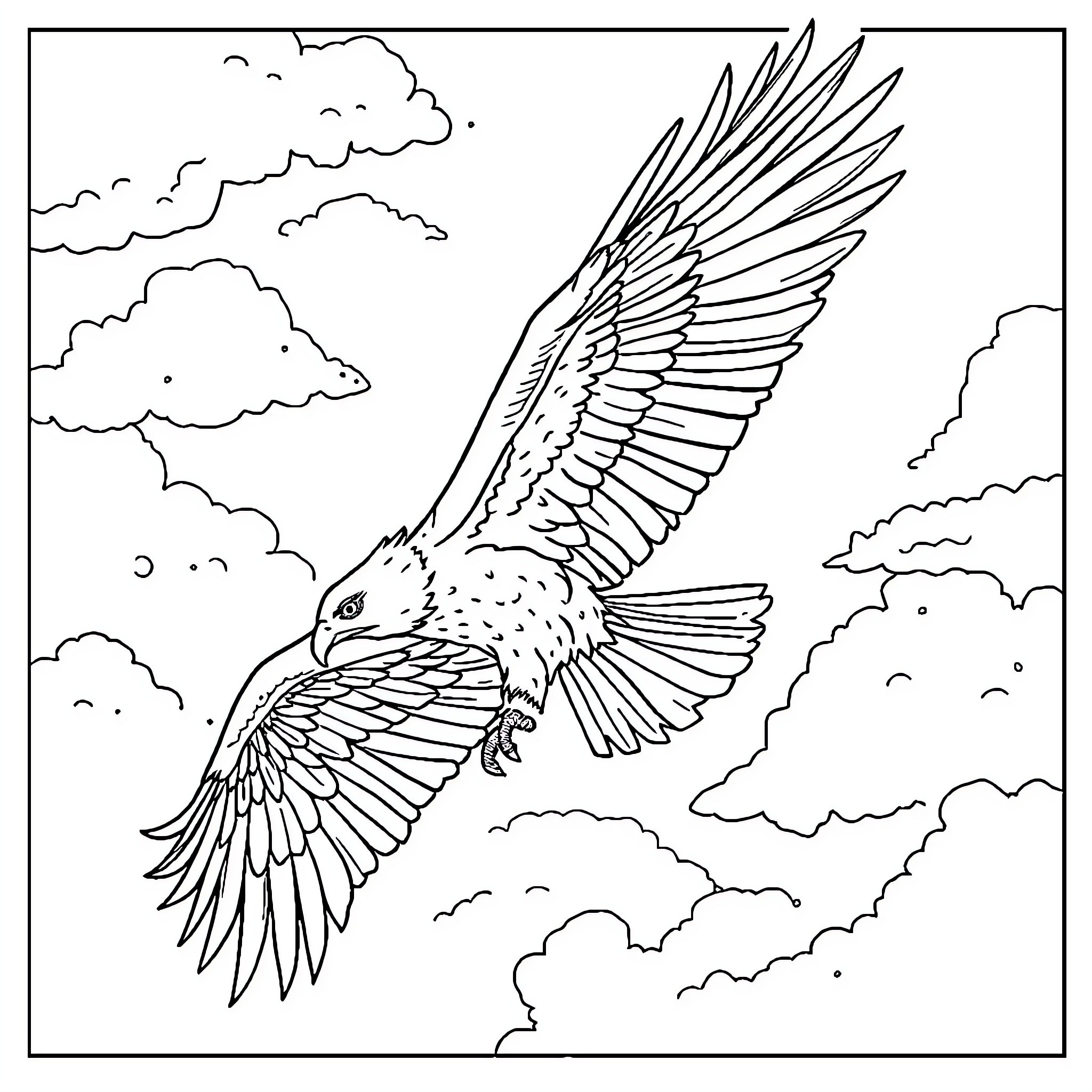 Aquila soaring through the cloudy skies Coloring Page (free black-and-white line drawing printable PDF for all, from beginners to advanced learners, including children, teens, adults, and seniors)