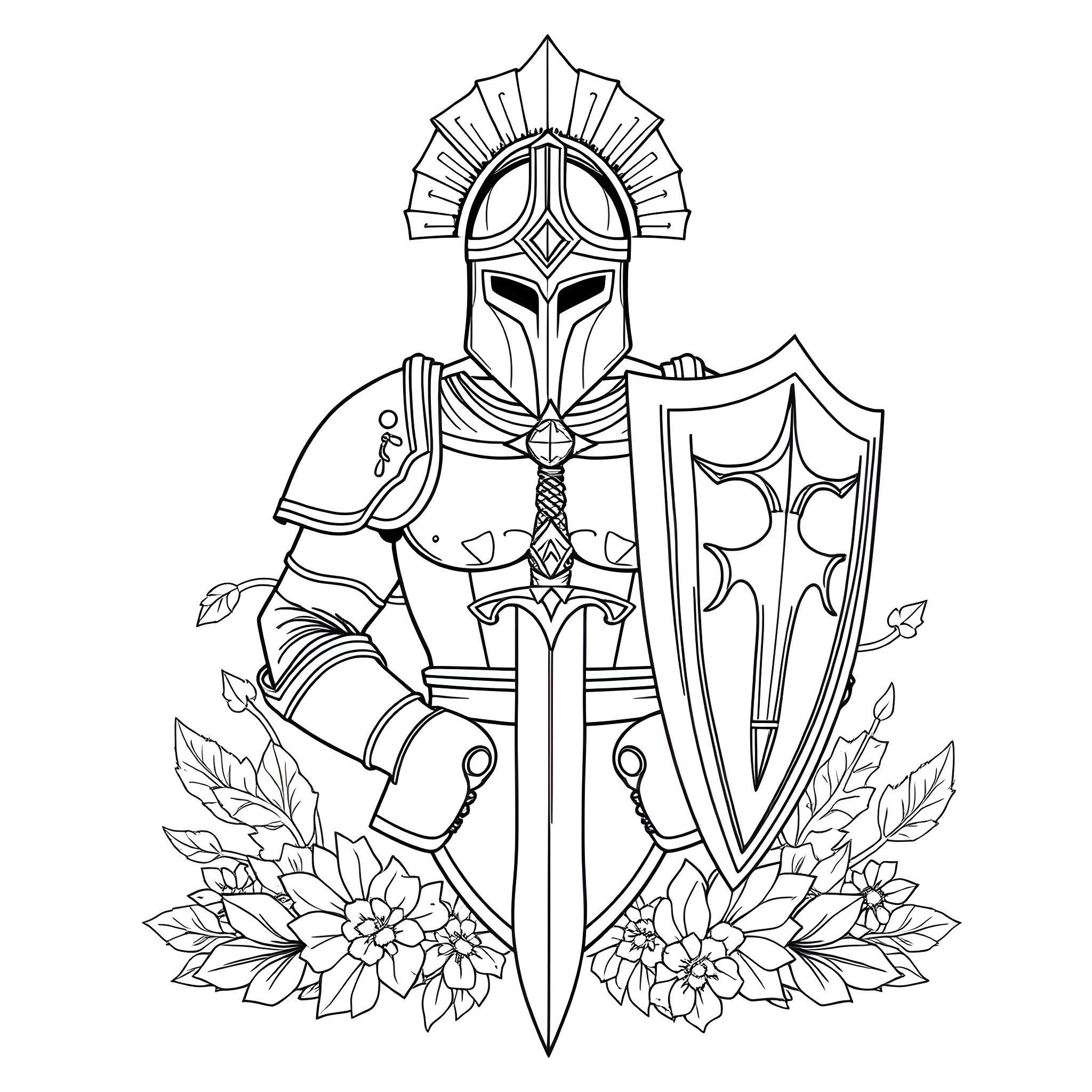 Armor-clad warrior wielding sword and shield Coloring Page (free black-and-white line drawing printable PDF for all, from beginners to advanced learners, including children, teens, adults, and seniors)