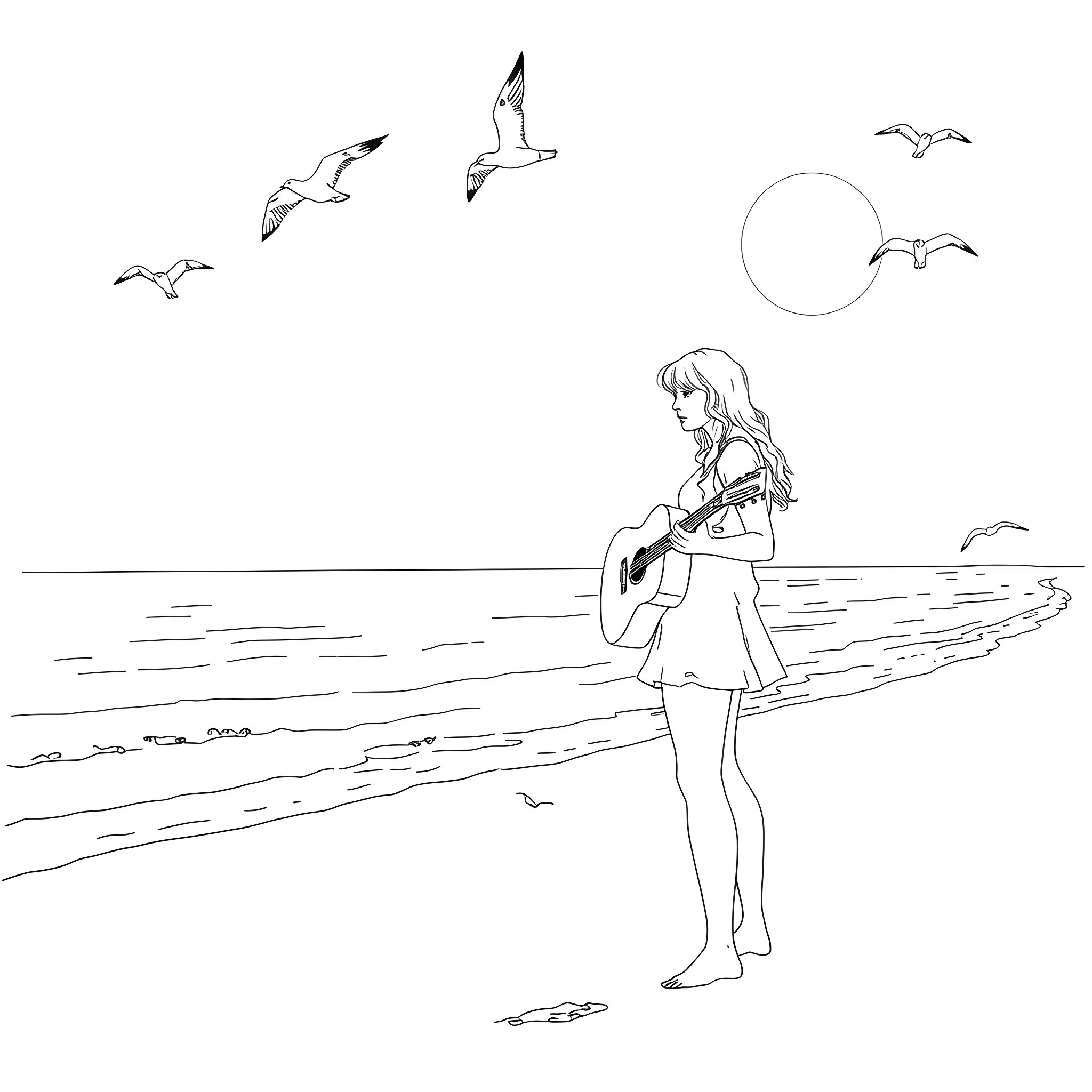 Taylor Swift playing guitar on the beach with birds Coloring Page (free black-and-white line drawing printable PDF for all, from beginners to advanced learners, including children, teens, adults, and seniors)