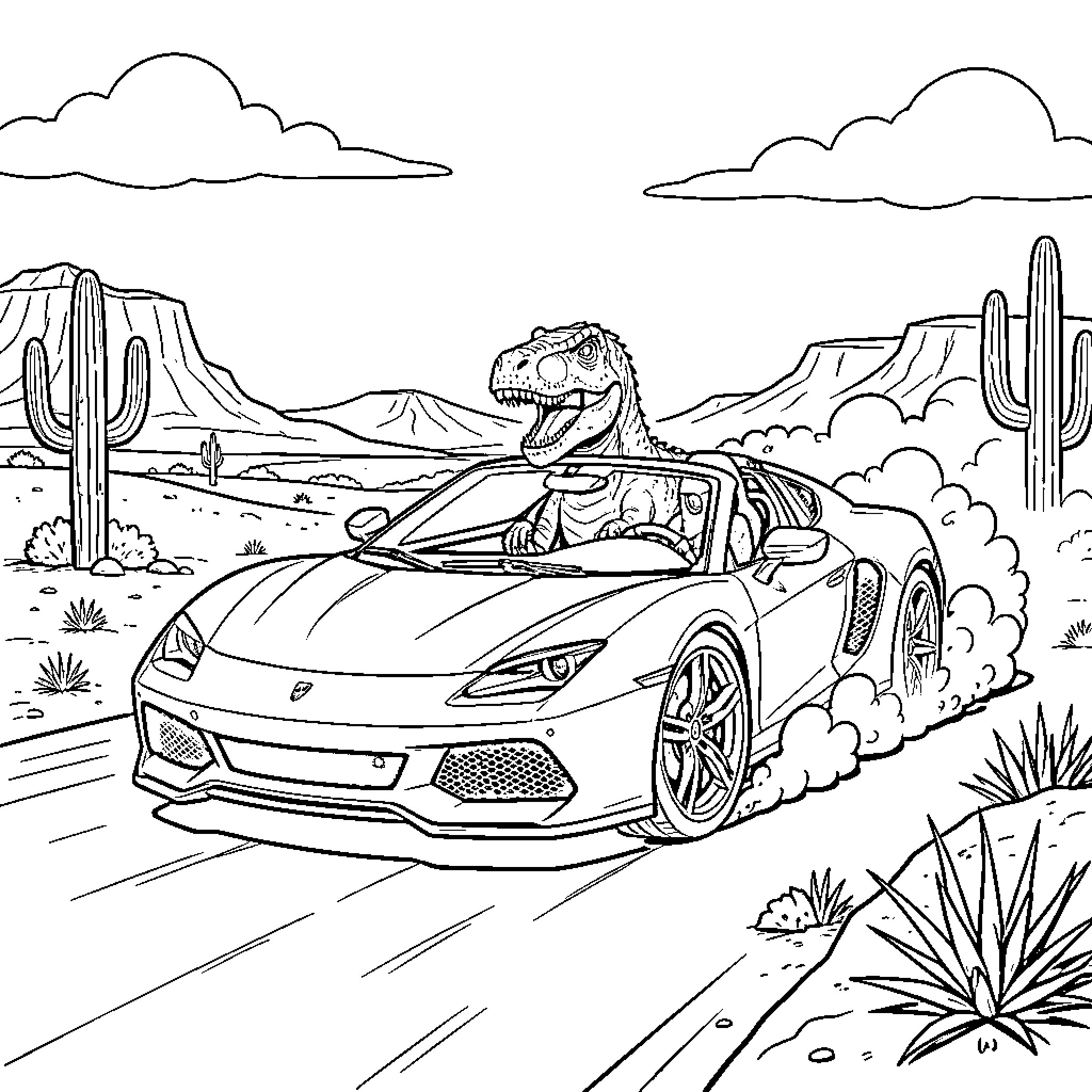 Dinosaur driving a convertible car through the desert Coloring Page (free black-and-white line drawing printable PDF for all, from beginners to advanced learners, including children, teens, adults, and seniors)
