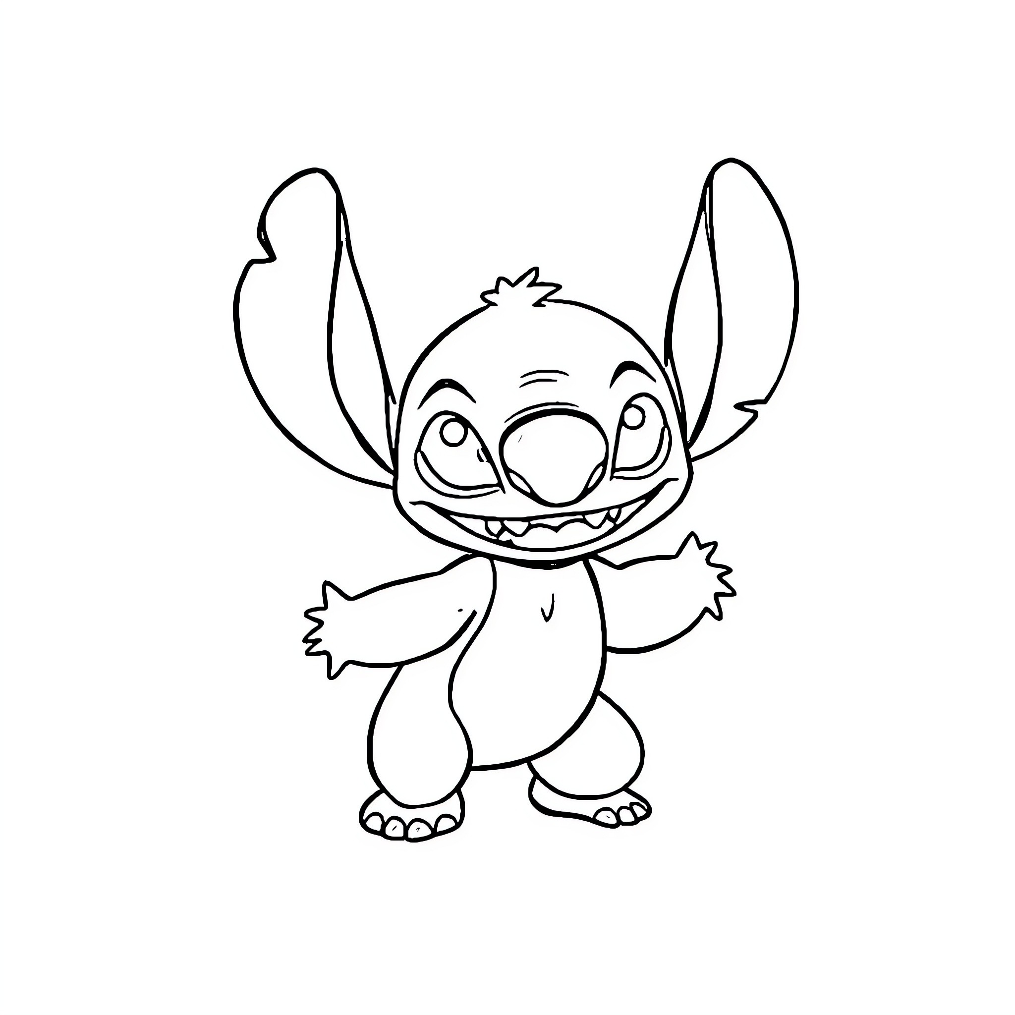 Stitch excitedly waving with big smile Coloring Page (free black-and-white line drawing printable PDF for all, from beginners to advanced learners, including children, teens, adults, and seniors)