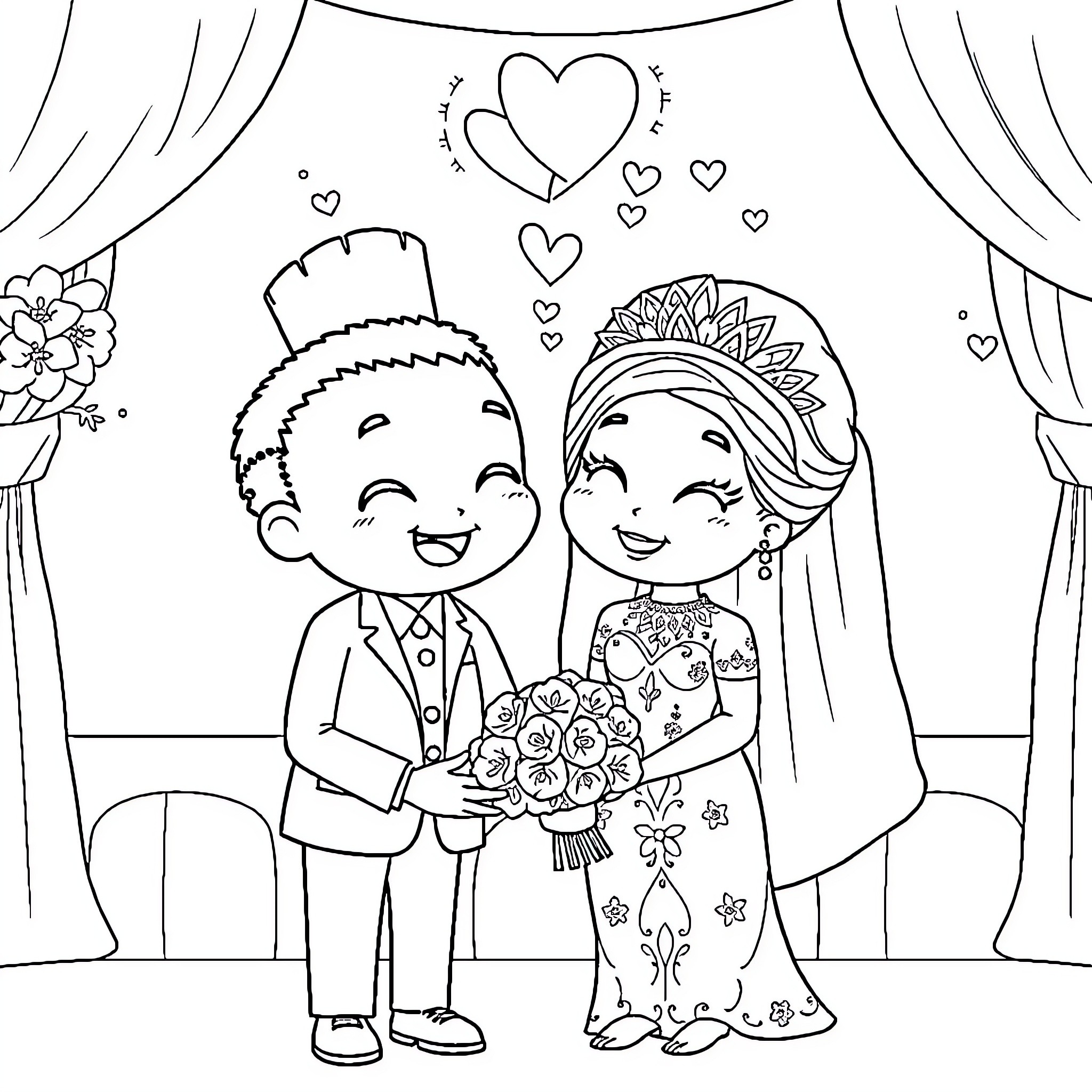 Dudu's Wedding Celebration Coloring Page (free black-and-white line drawing printable PDF for all, from beginners to advanced learners, including children, teens, adults, and seniors)