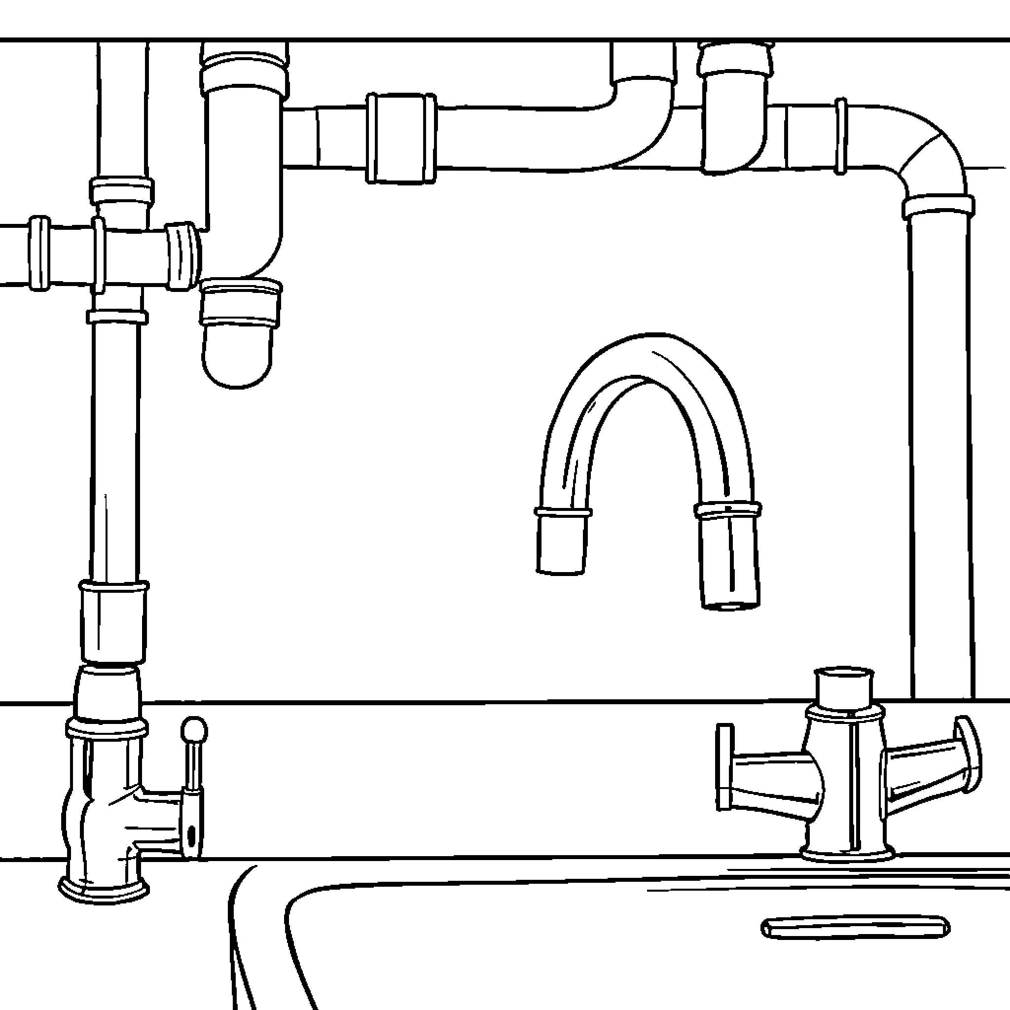 Pipe fittings and plumbing fixtures in a kitchen or bathroom Coloring Page (free black-and-white line drawing printable PDF for all, from beginners to advanced learners, including children, teens, adults, and seniors)