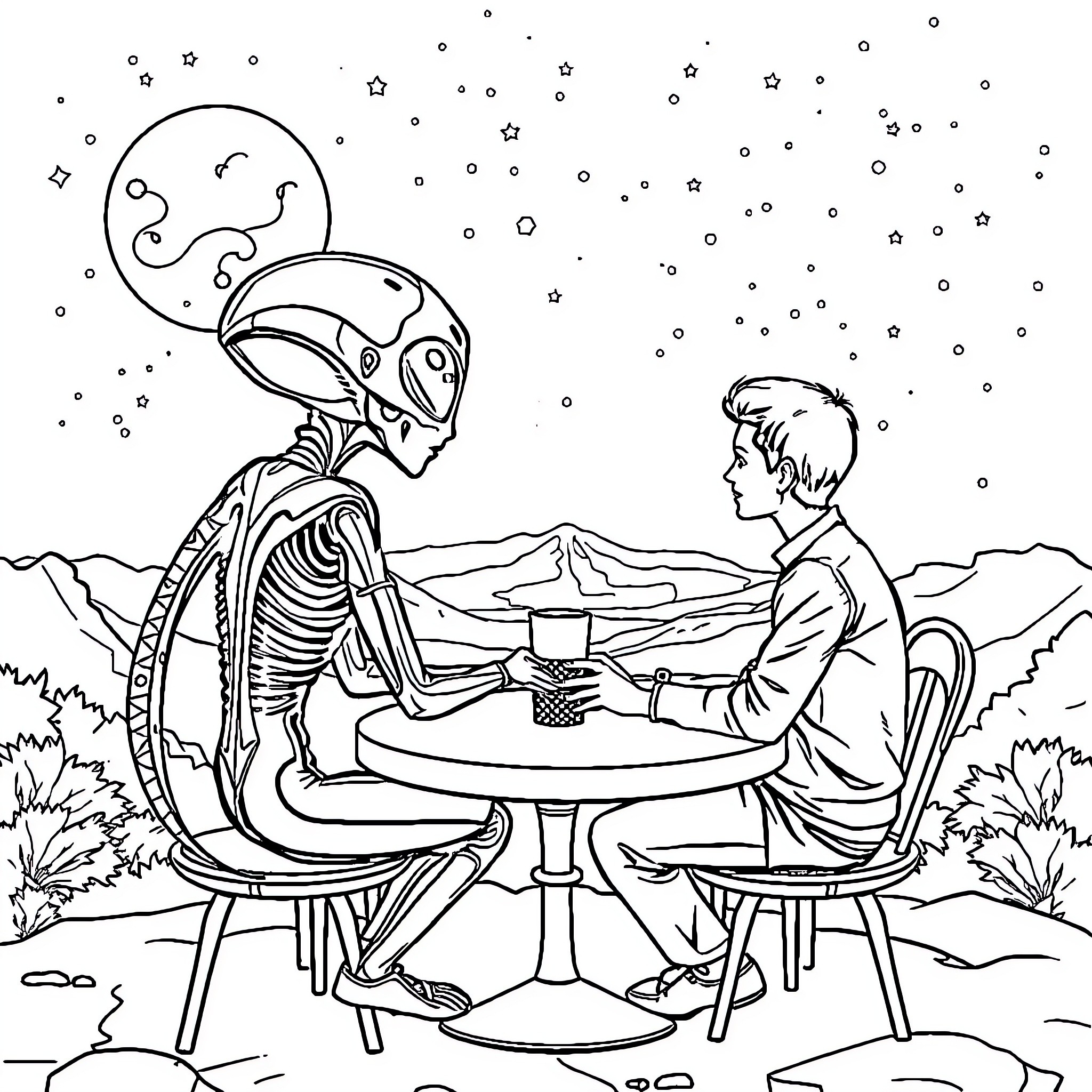 Alien sharing a coffee with a human in a peaceful setting Coloring Page (free black-and-white line drawing printable PDF for all, from beginners to advanced learners, including children, teens, adults, and seniors)