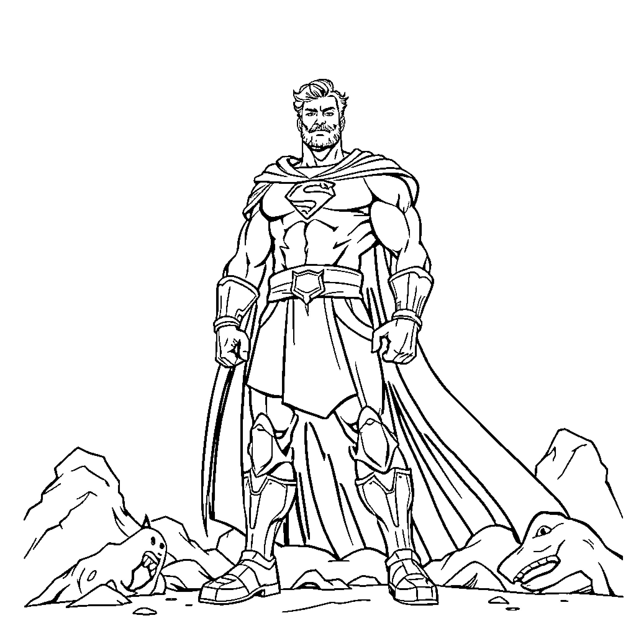 Hero defiant and triumphant in mountain landscape Coloring Page (free black-and-white line drawing printable PDF for all, from beginners to advanced learners, including children, teens, adults, and seniors)