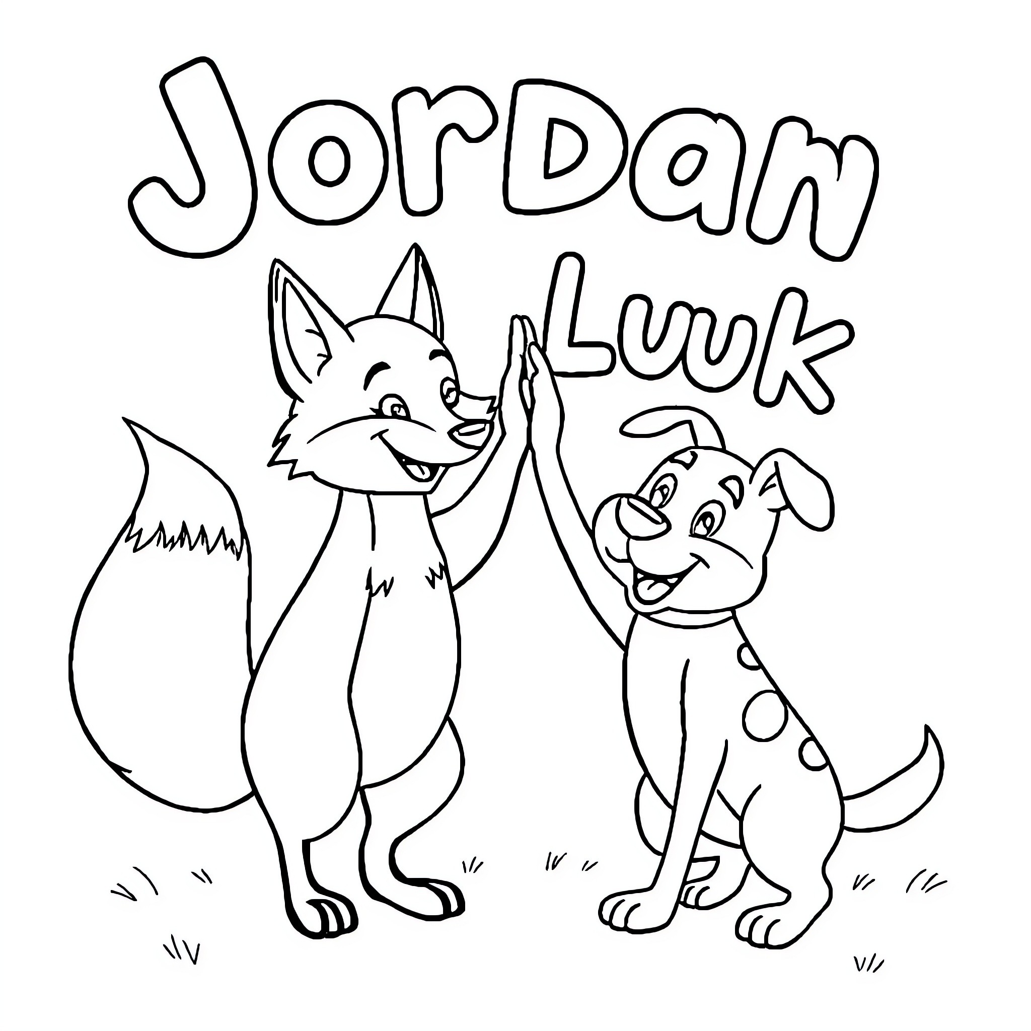 Fox and dog cheerfully high-fiving Coloring Page (free black-and-white line drawing printable PDF for all, from beginners to advanced learners, including children, teens, adults, and seniors)