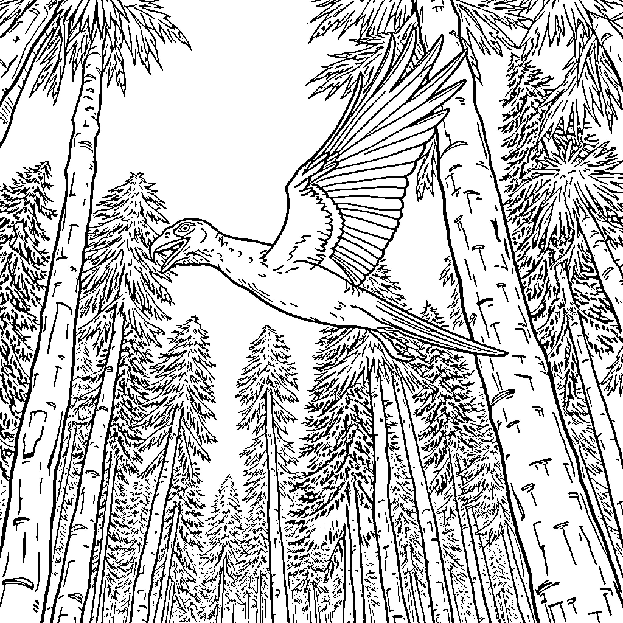 Archaeopteryx soaring through ancient forest landscape Coloring Page (free black-and-white line drawing printable PDF for all, from beginners to advanced learners, including children, teens, adults, and seniors)