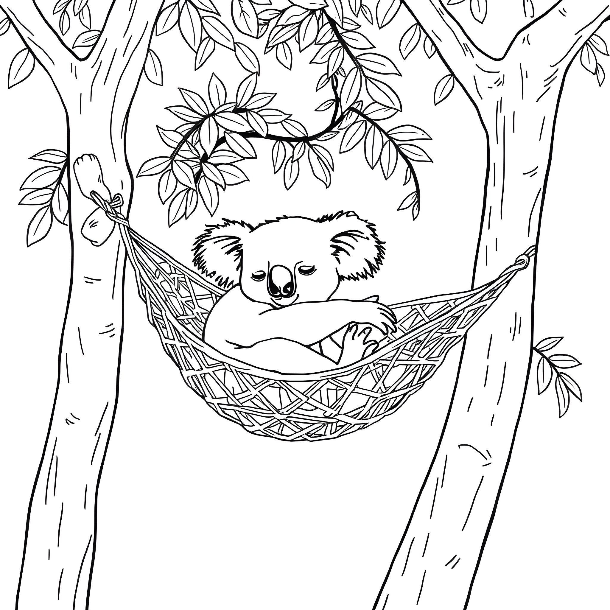 Koala relaxing peacefully in hammock amidst nature Coloring Page (free black-and-white line drawing printable PDF for all, from beginners to advanced learners, including children, teens, adults, and seniors)