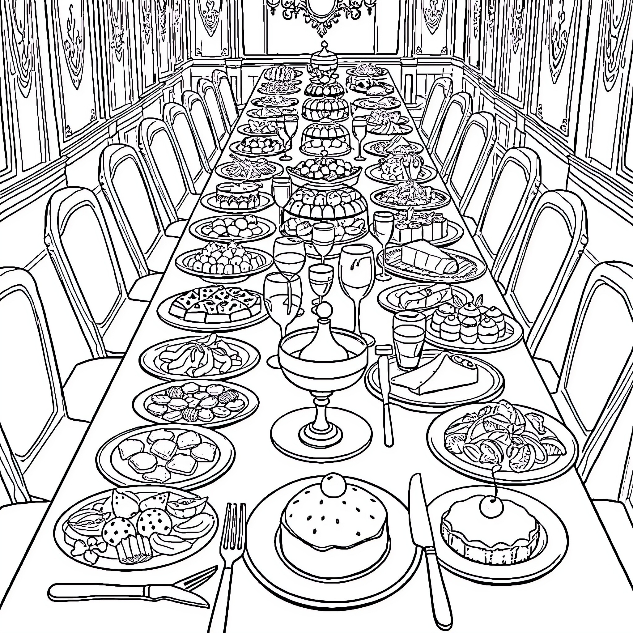 Food Feast in Elegant Dining Hall Coloring Page (free black-and-white line drawing printable PDF for all, from beginners to advanced learners, including children, teens, adults, and seniors)