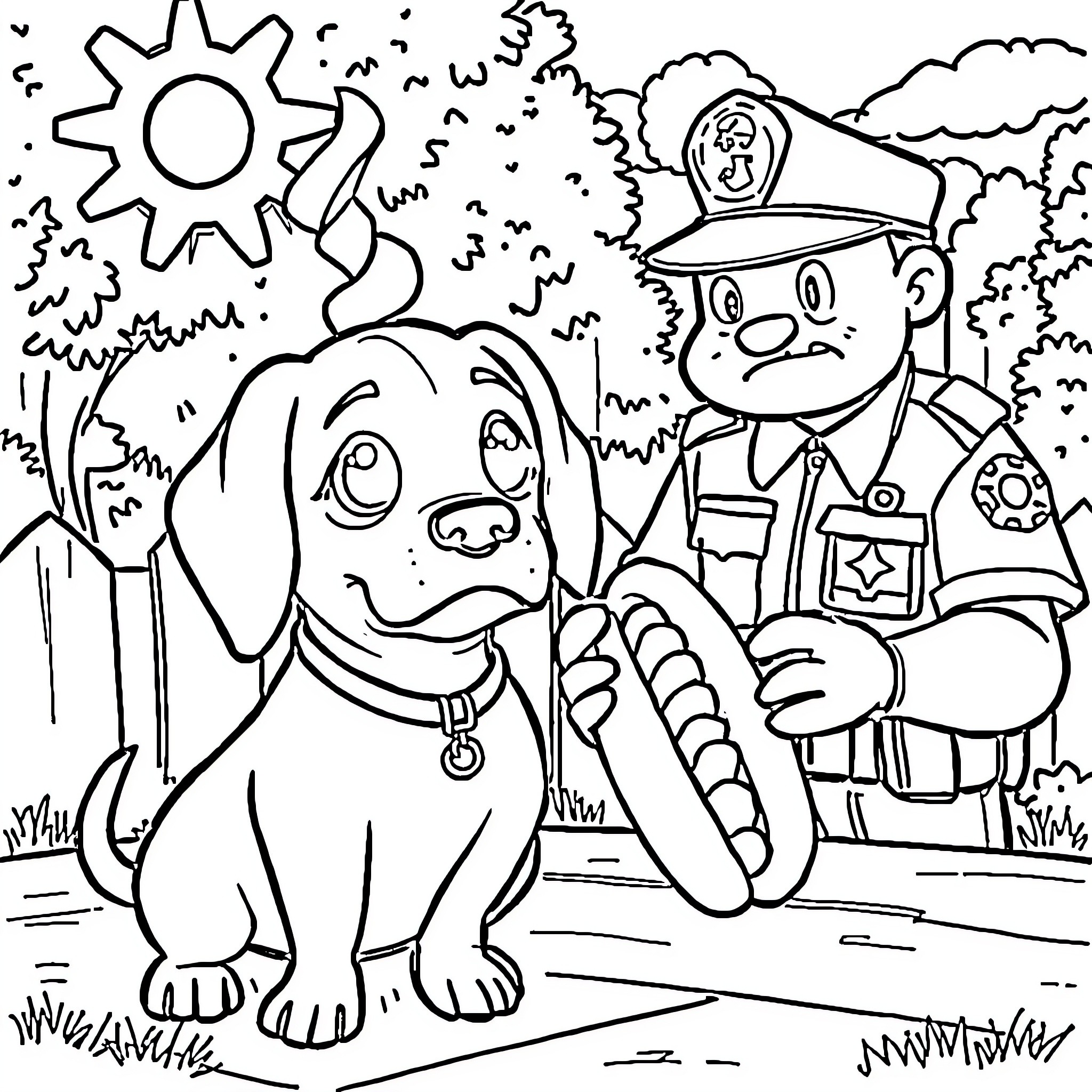 Wiener Dog Meets Friendly Police Officer Coloring Page (free black-and-white line drawing printable PDF for all, from beginners to advanced learners, including children, teens, adults, and seniors)