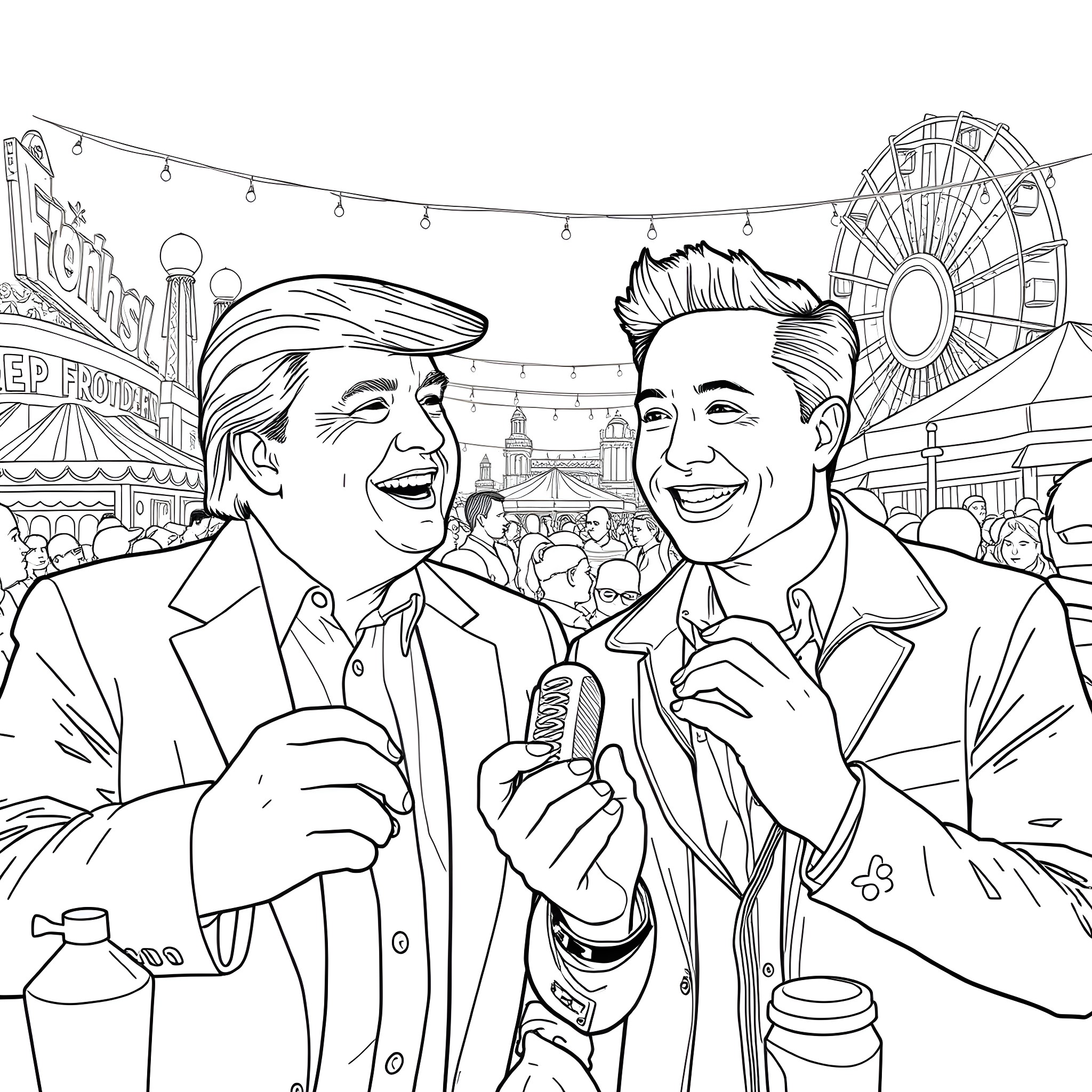 Donald Trump and Ronald Reagan Enjoying the Carnival Coloring Page (free black-and-white line drawing printable PDF for all, from beginners to advanced learners, including children, teens, adults, and seniors)