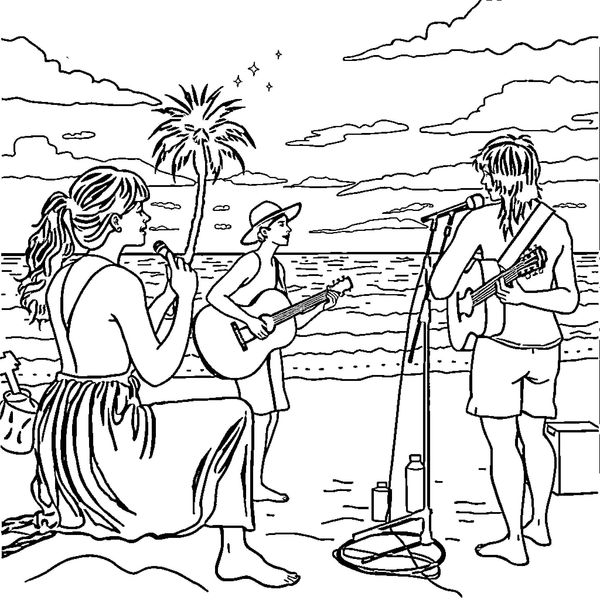 Brr Brr Patapin: Beach Party with Music and Friends Coloring Page (free black-and-white line drawing printable PDF for all, from beginners to advanced learners, including children, teens, adults, and seniors)
