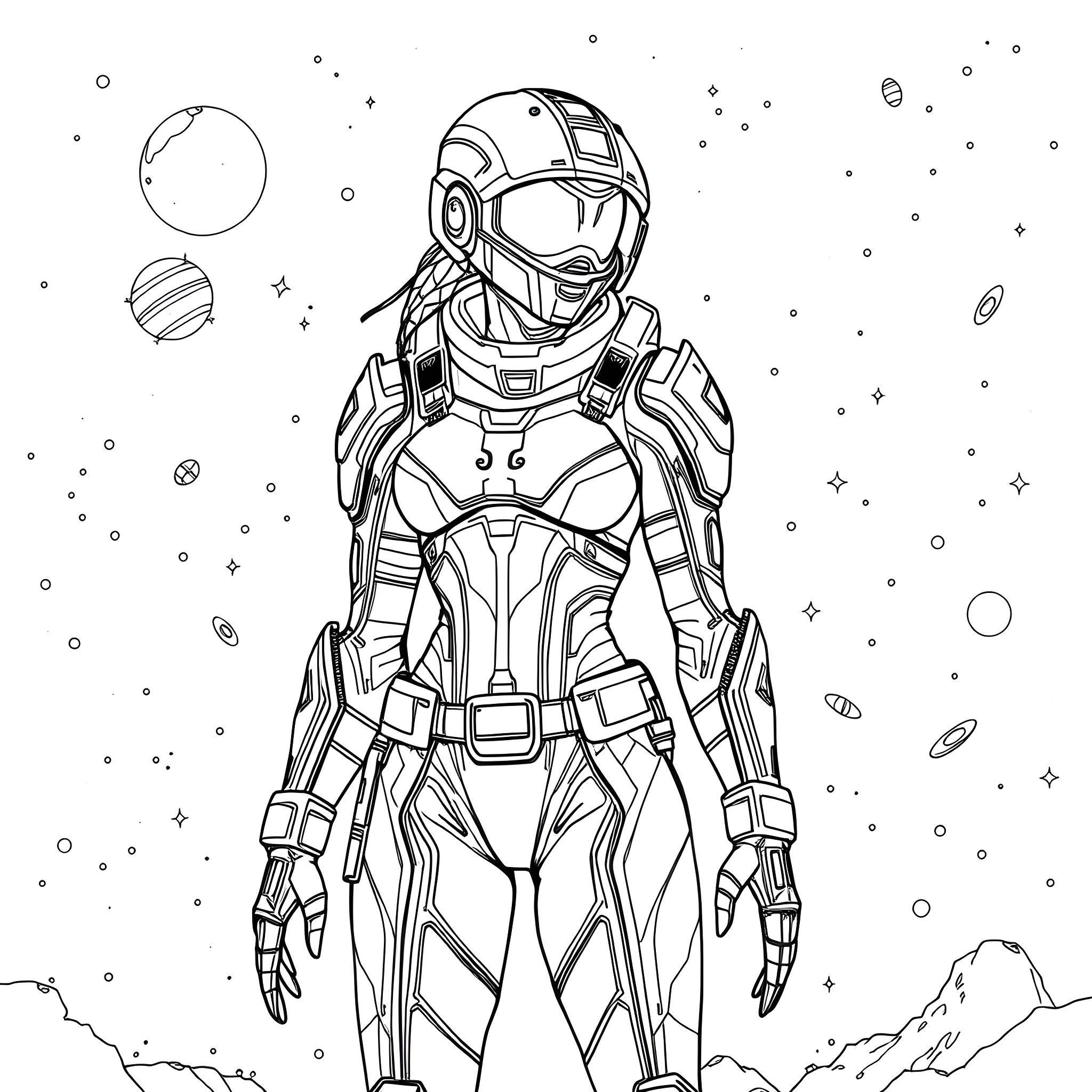 Tali's Futuristic Spacewalk in the Cosmos Coloring Page (free black-and-white line drawing printable PDF for all, from beginners to advanced learners, including children, teens, adults, and seniors)