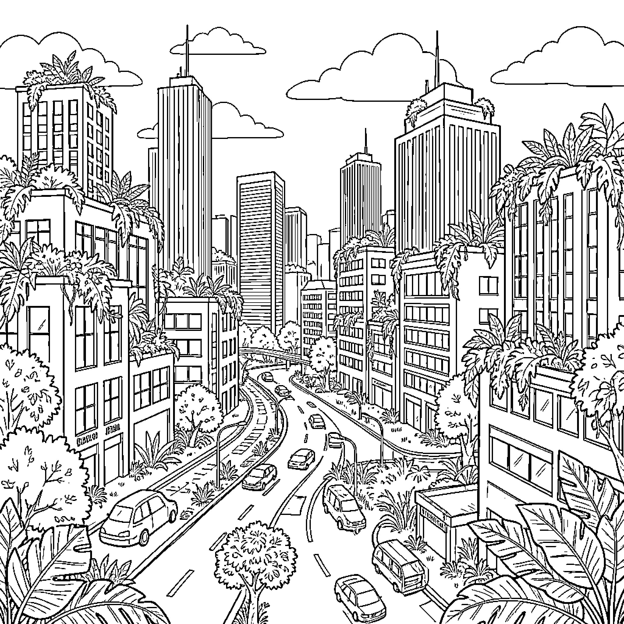Nature reclaiming a bustling modern city skyline Coloring Page (free black-and-white line drawing printable PDF for all, from beginners to advanced learners, including children, teens, adults, and seniors)