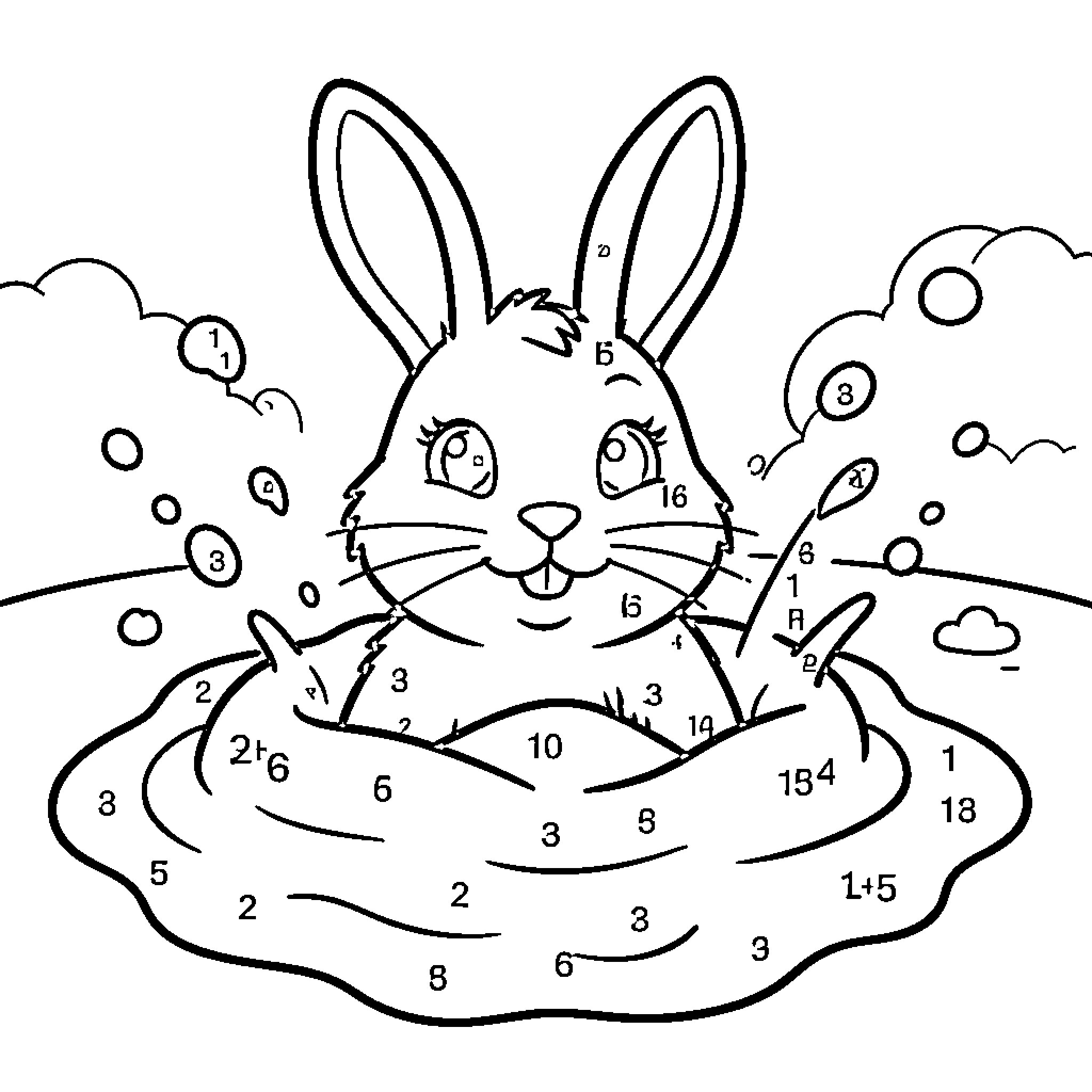 Easter Bunny in a whimsical dot-to-dot scene Coloring Page (free black-and-white line drawing printable PDF for all, from beginners to advanced learners, including children, teens, adults, and seniors)
