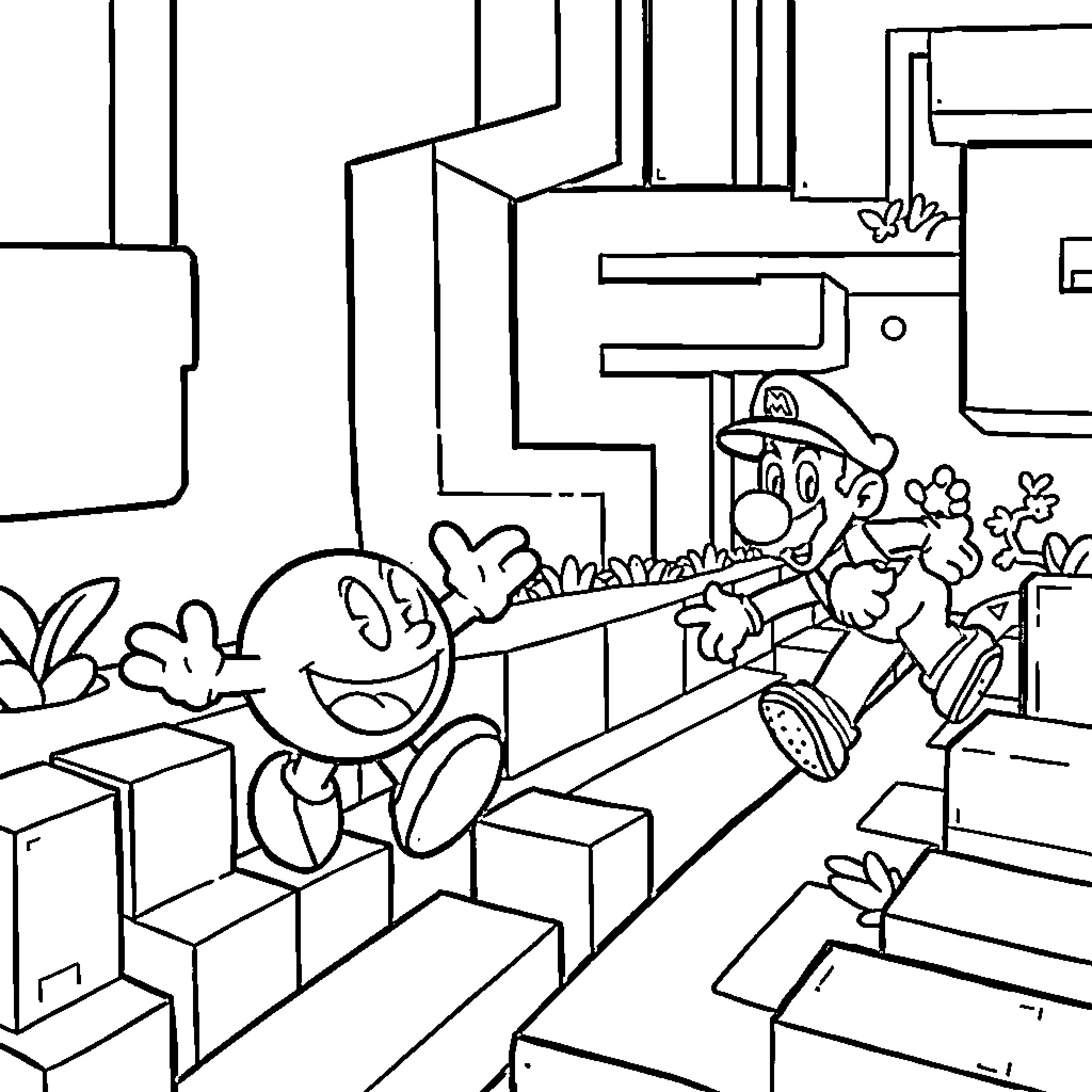 Pacman exploring a blocky, abstract environment Coloring Page (free black-and-white line drawing printable PDF for all, from beginners to advanced learners, including children, teens, adults, and seniors)