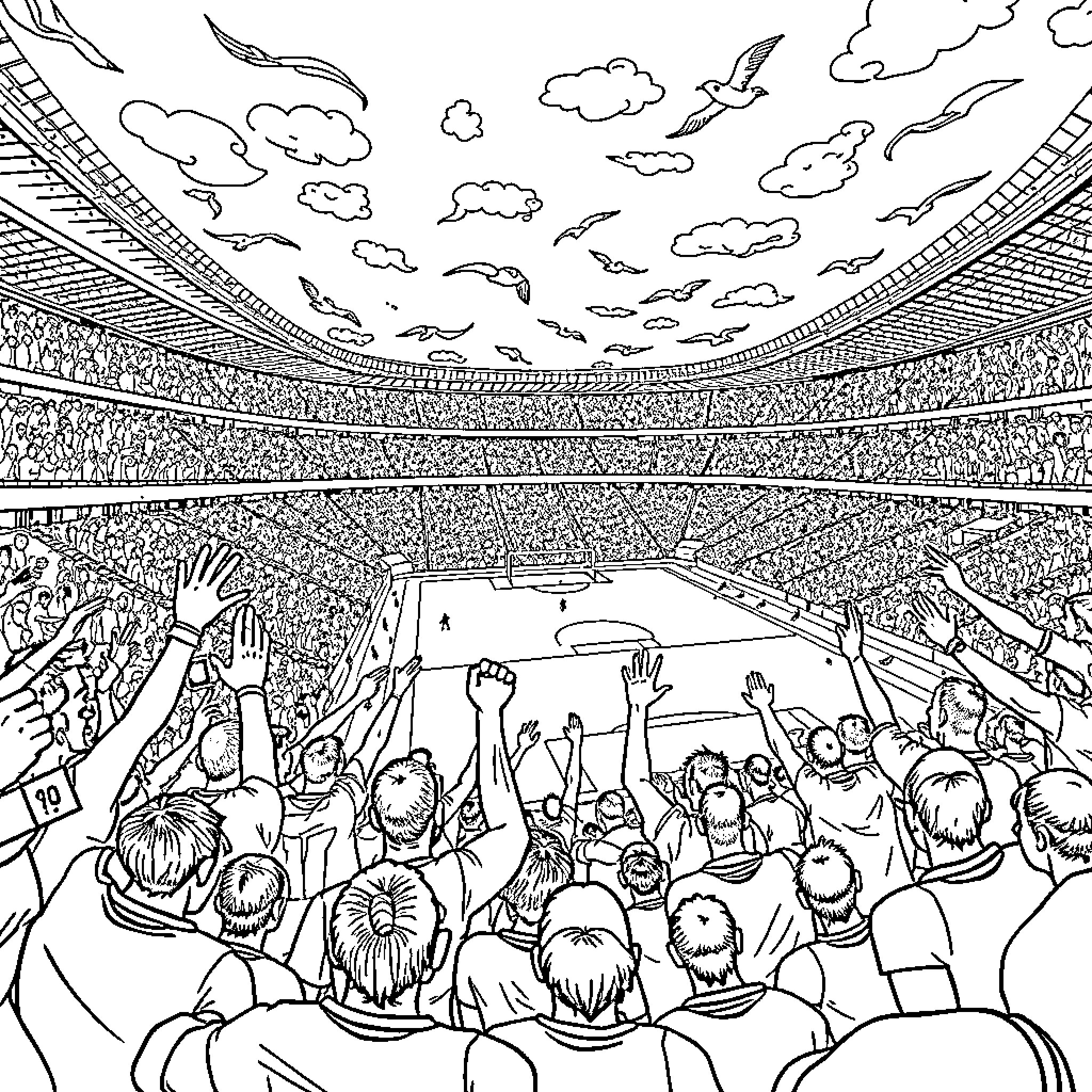 Soccer Stadium Filled with Cheering Fans and Energetic Atmosphere Coloring Page (free black-and-white line drawing printable PDF for all, from beginners to advanced learners, including children, teens, adults, and seniors)
