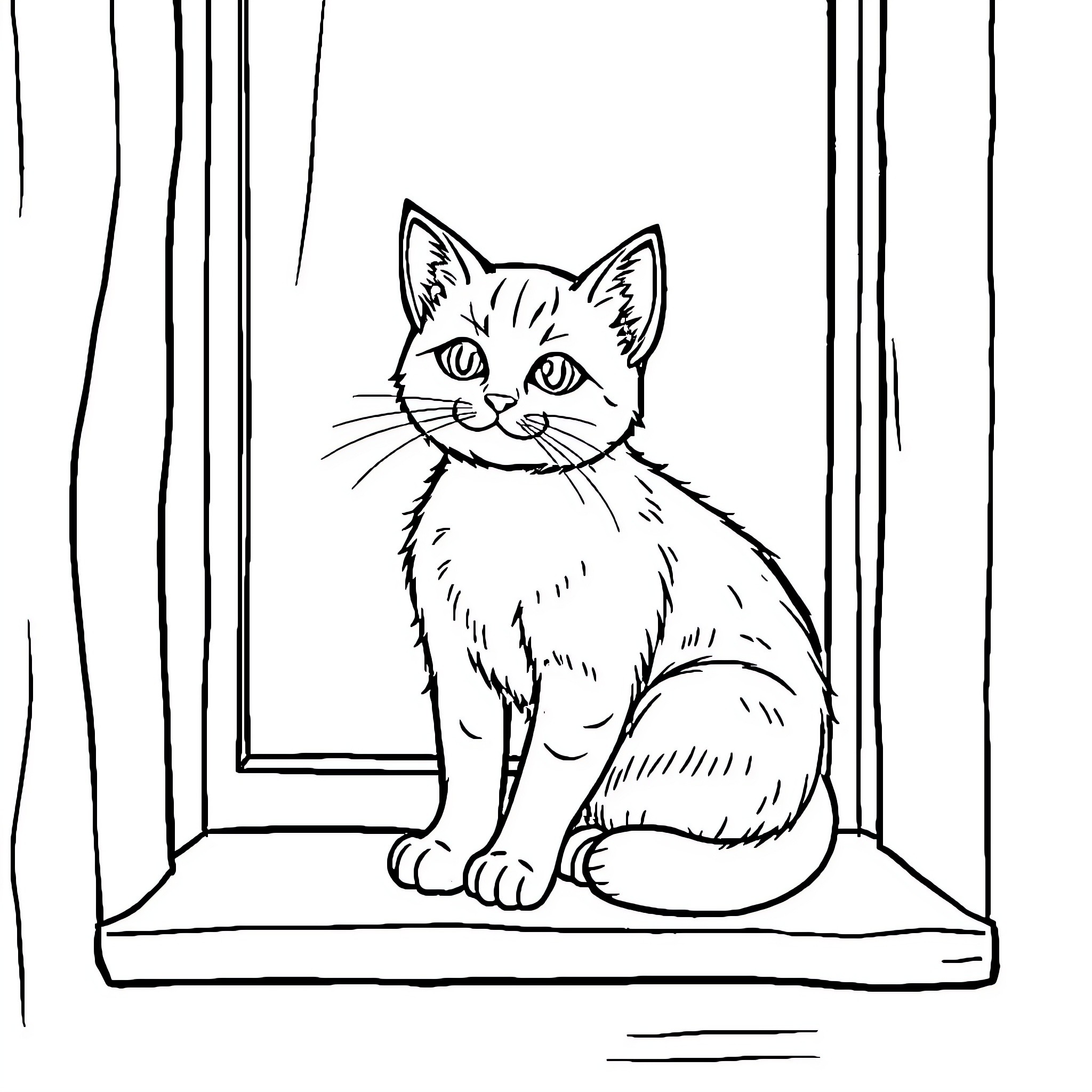 Cat sitting on window sill Coloring Page (free black-and-white line drawing printable PDF for all, from beginners to advanced learners, including children, teens, adults, and seniors)