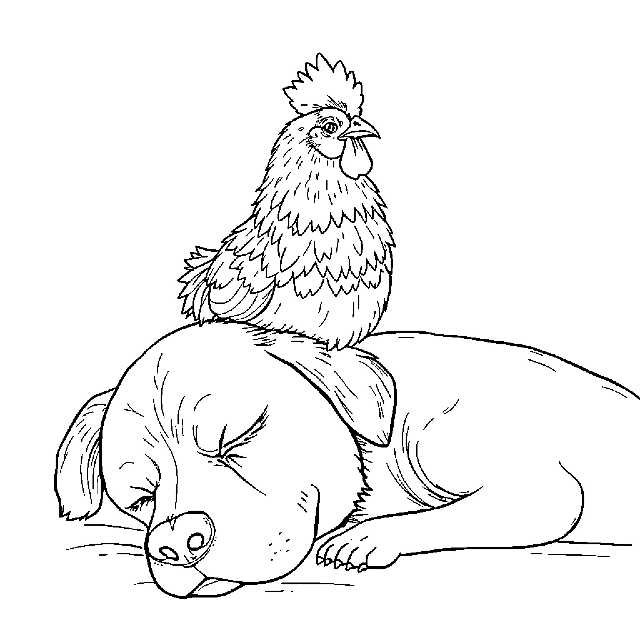 Chicken and Sleepy Dog Coloring Page (free black-and-white line drawing printable PDF for all, from beginners to advanced learners, including children, teens, adults, and seniors)