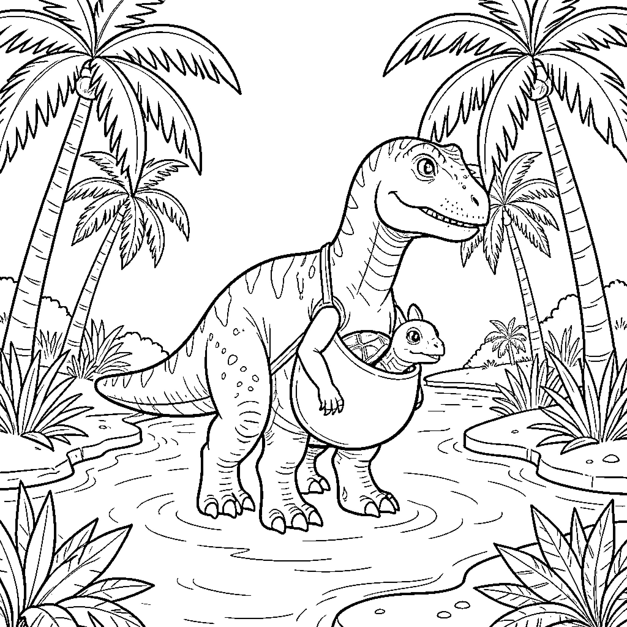 Dinosaur carrying a baby in a pouch near palm trees Coloring Page (free black-and-white line drawing printable PDF for all, from beginners to advanced learners, including children, teens, adults, and seniors)
