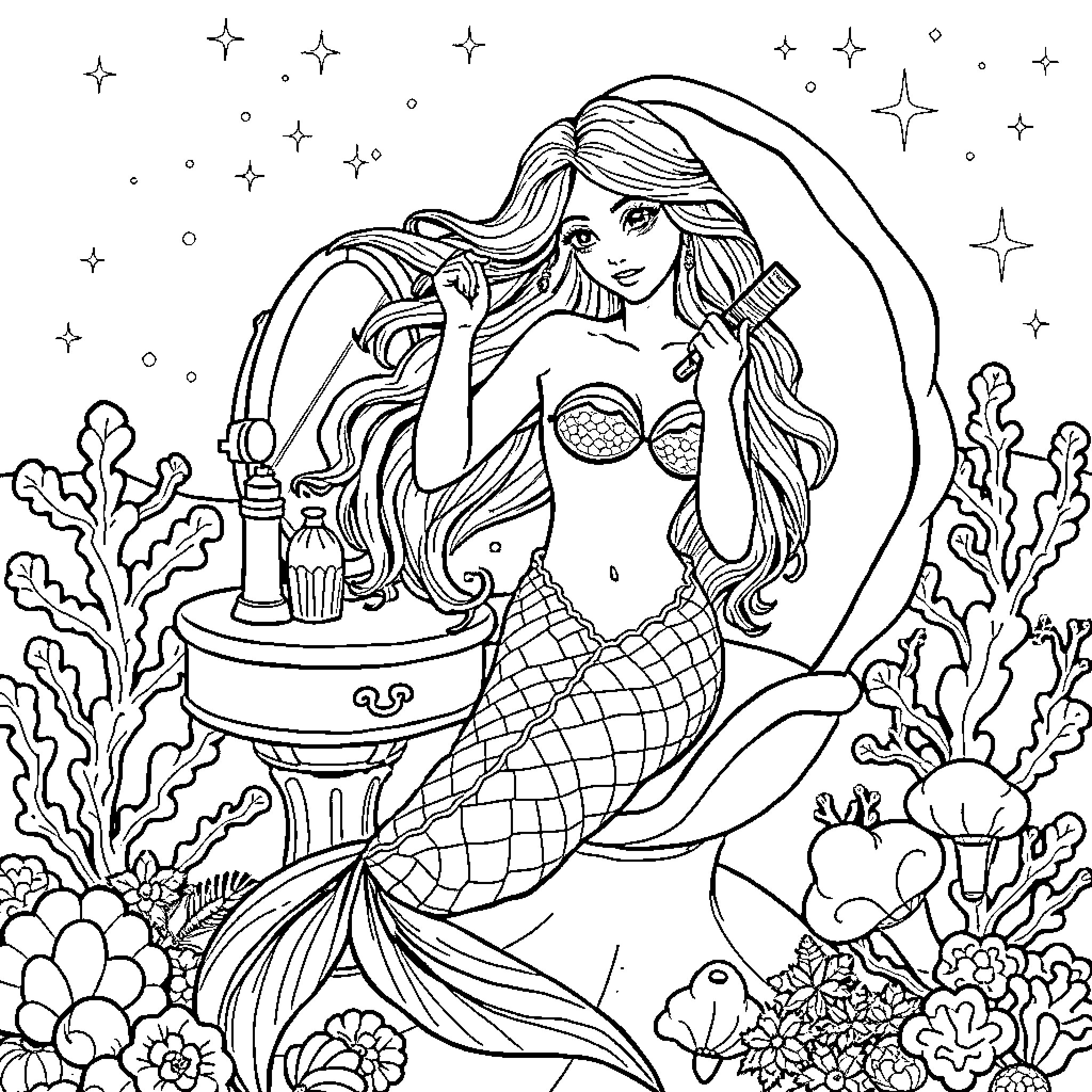 Mermaid preparing for an evening under the sea stars Coloring Page (free black-and-white line drawing printable PDF for all, from beginners to advanced learners, including children, teens, adults, and seniors)