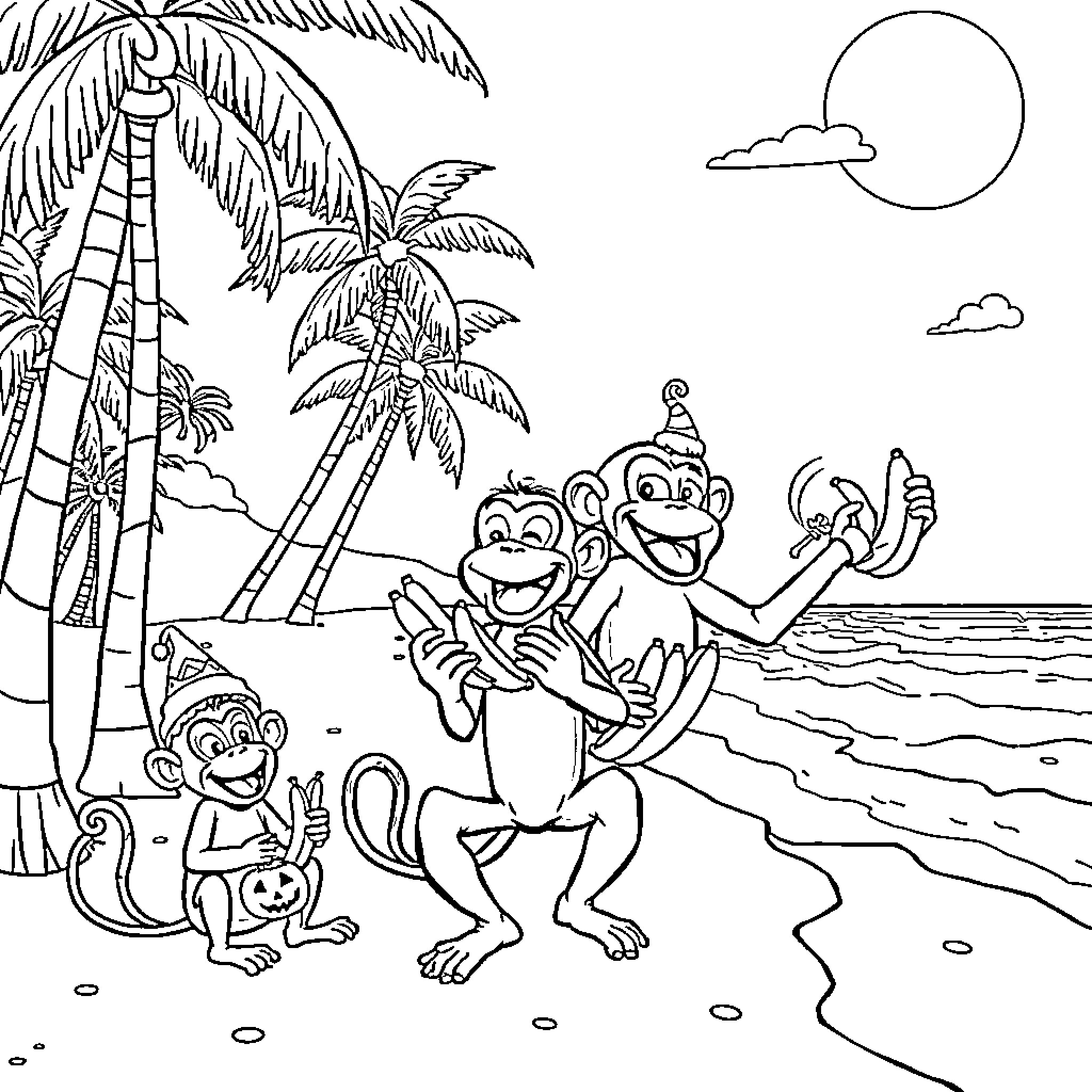 Monkeys playing and enjoying on the beach Coloring Page (free black-and-white line drawing printable PDF for all, from beginners to advanced learners, including children, teens, adults, and seniors)