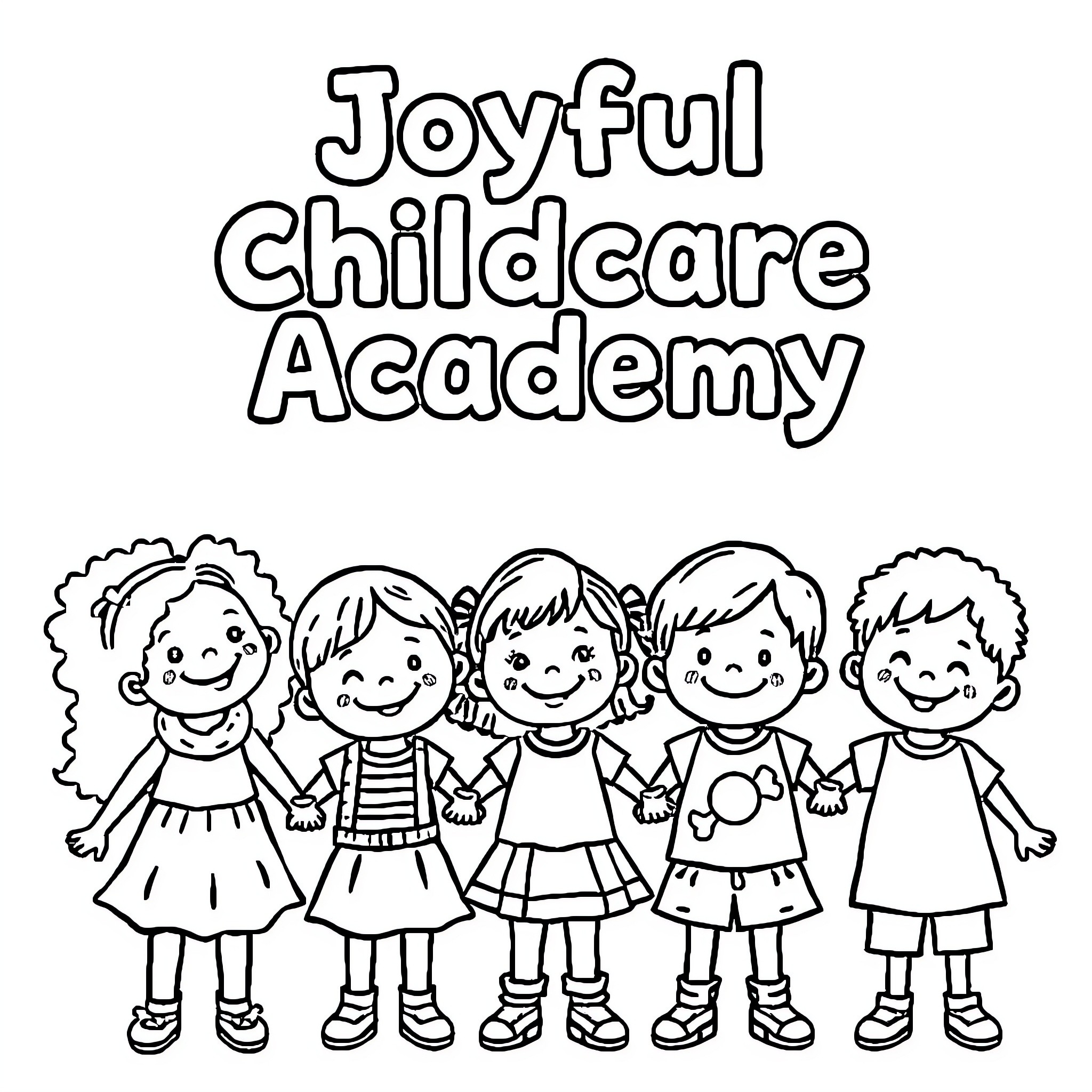 Children enjoying at Joyful Childcare Academy Coloring Page (free black-and-white line drawing printable PDF for all, from beginners to advanced learners, including children, teens, adults, and seniors)