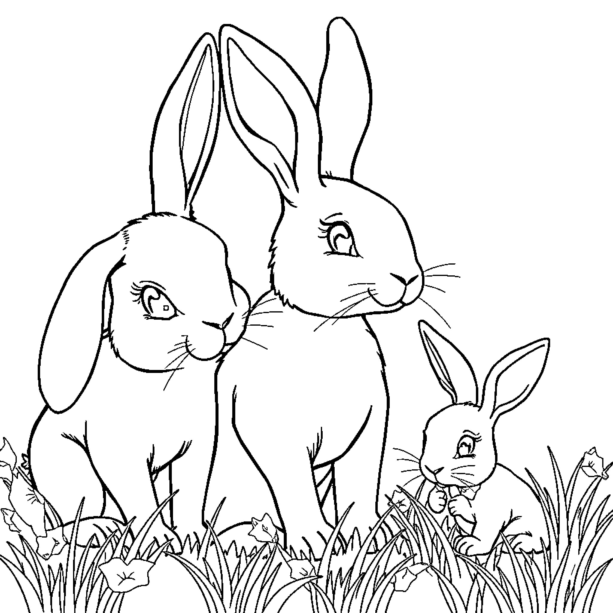 Rabbit family in the meadow Coloring Page (free black-and-white line drawing printable PDF for all, from beginners to advanced learners, including children, teens, adults, and seniors)