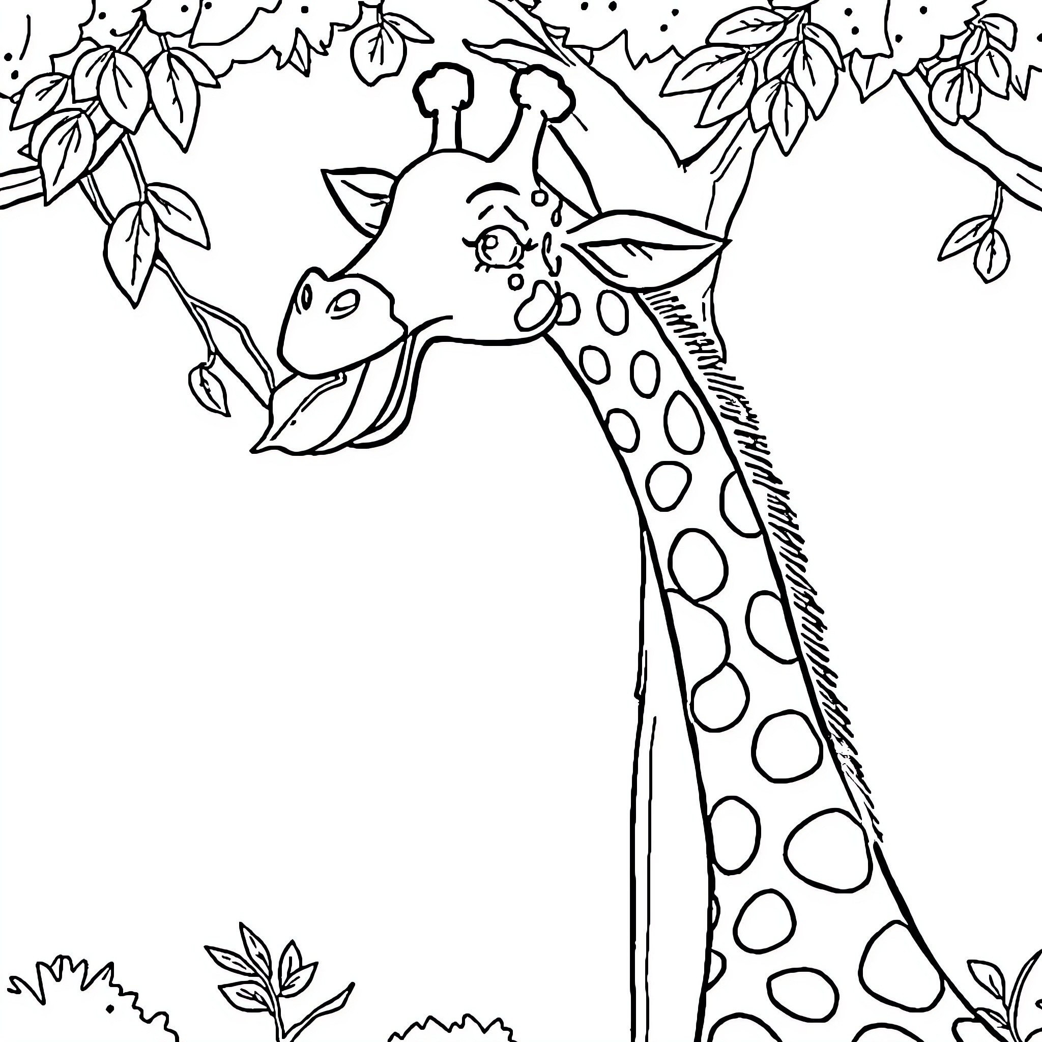 Giraffe exploring the lush foliage Coloring Page (free black-and-white line drawing printable PDF for all, from beginners to advanced learners, including children, teens, adults, and seniors)