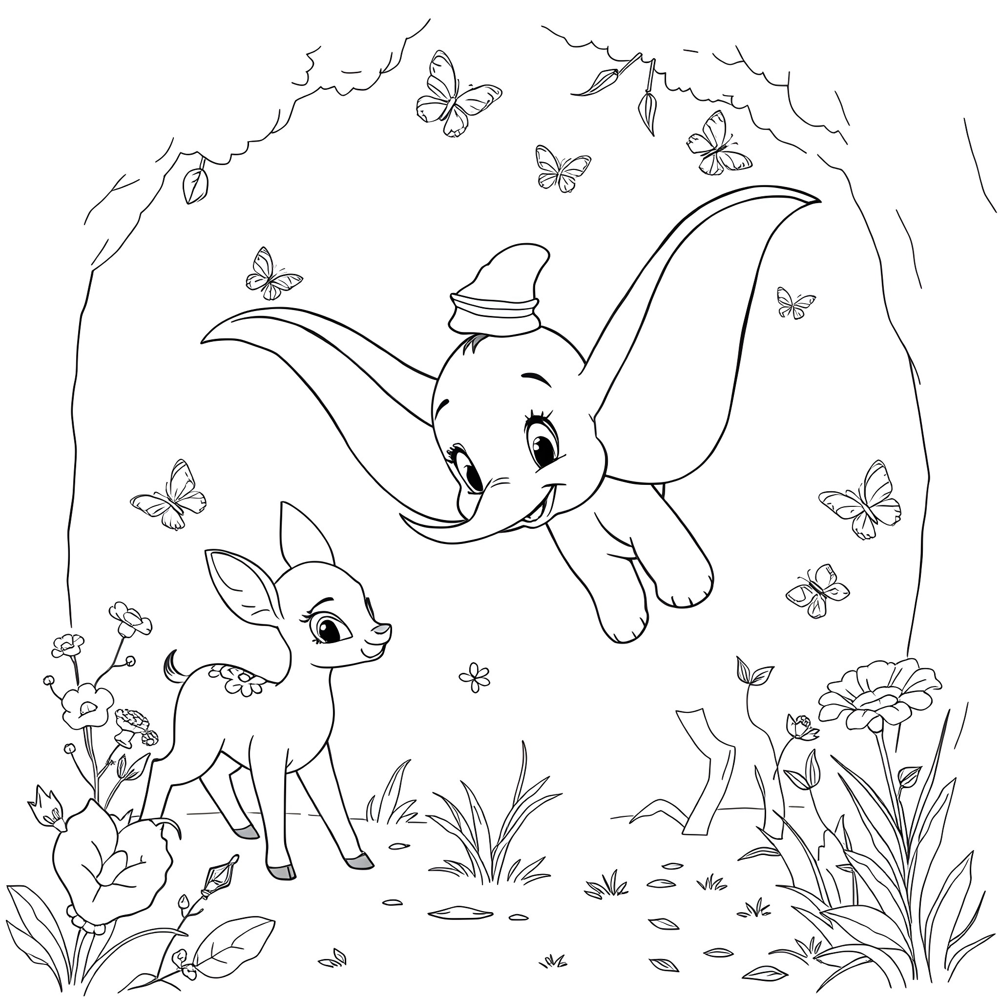 Butterfly-themed scene with cute animals and nature Coloring Page (free black-and-white line drawing printable PDF for all, from beginners to advanced learners, including children, teens, adults, and seniors)