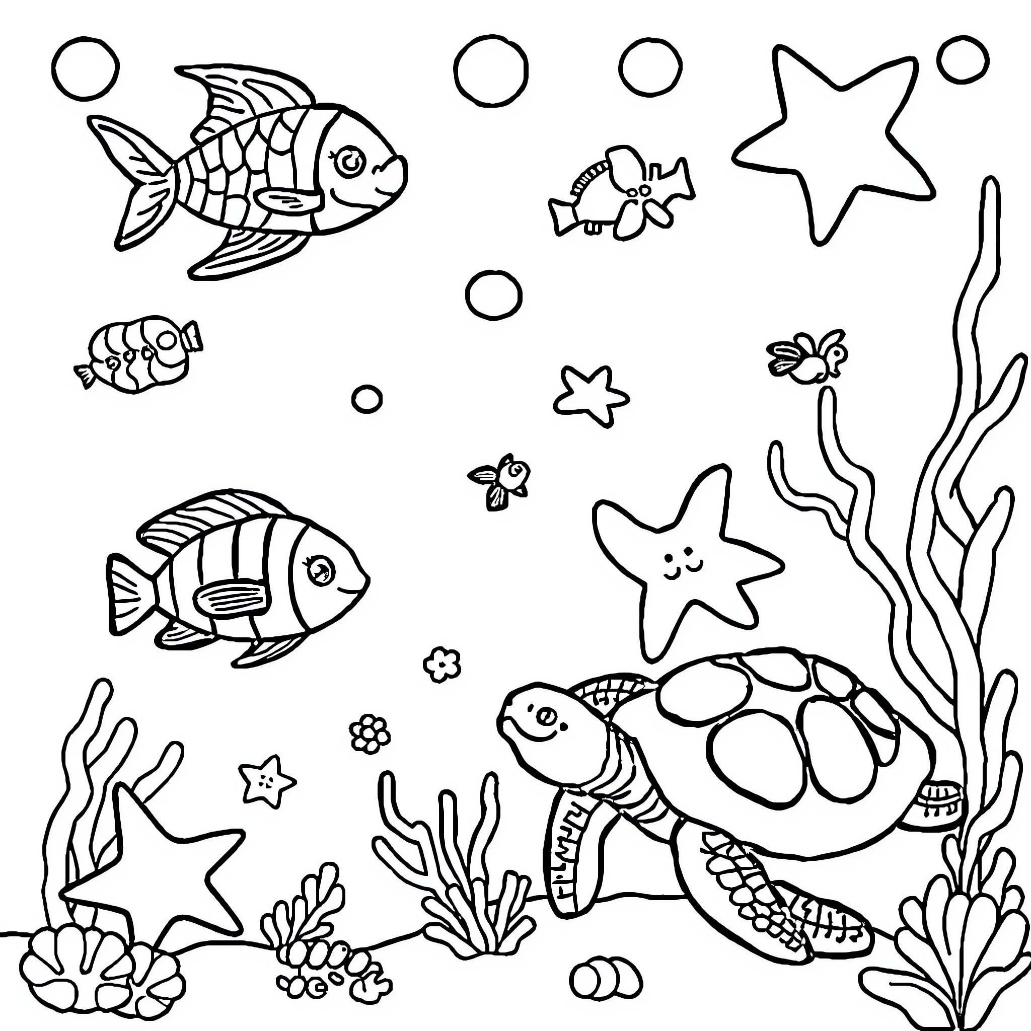Sea Creature Adventure with Playful Marine Life Coloring Page (free black-and-white line drawing printable PDF for all, from beginners to advanced learners, including children, teens, adults, and seniors)