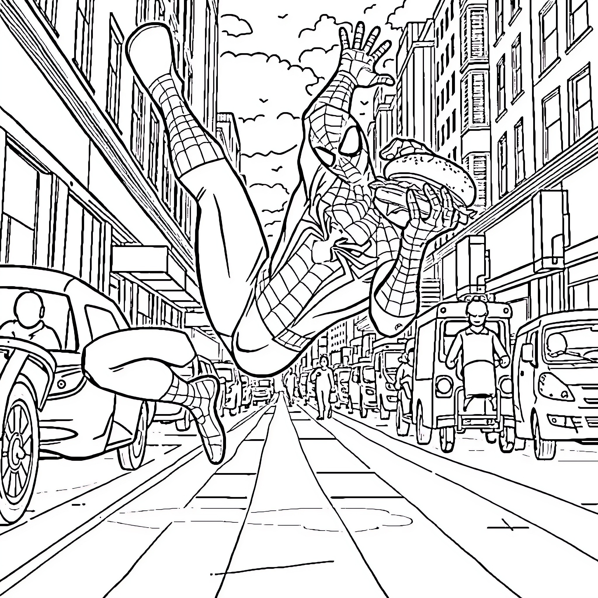 Spiderman swinging through the city streets Coloring Page (free black-and-white line drawing printable PDF for all, from beginners to advanced learners, including children, teens, adults, and seniors)
