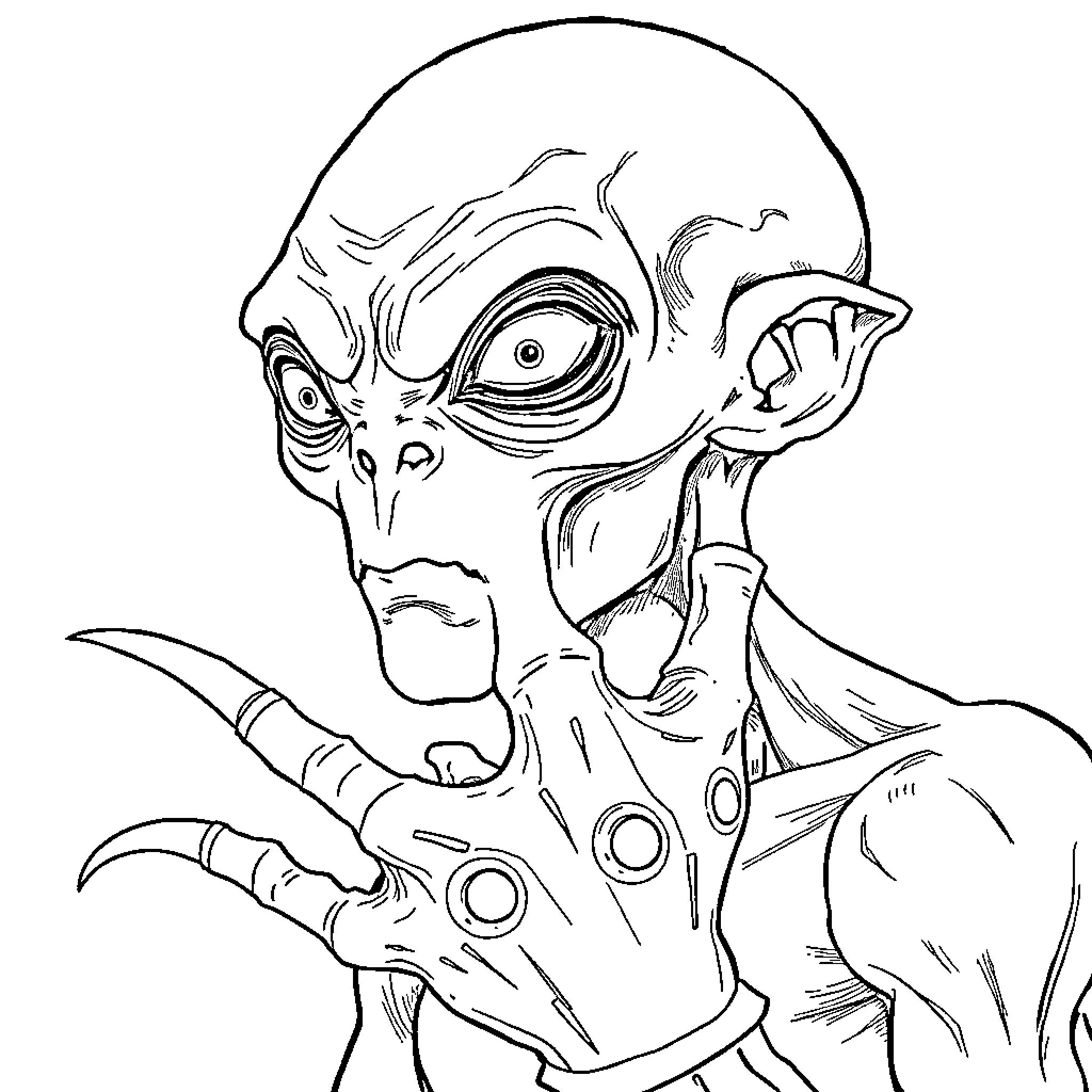 Alien with Unique Facial Features and Advanced Attire Coloring Page (free black-and-white line drawing printable PDF for all, from beginners to advanced learners, including children, teens, adults, and seniors)