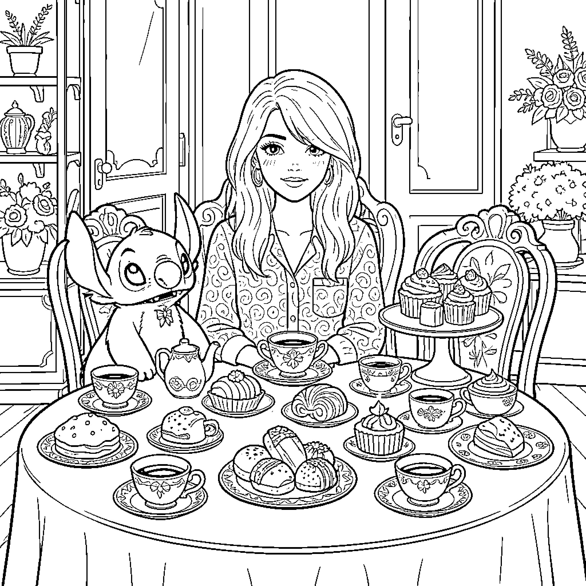Taylor Swift Enjoying a Cozy Tea Party with Adorable Companion Coloring Page (free black-and-white line drawing printable PDF for all, from beginners to advanced learners, including children, teens, adults, and seniors)