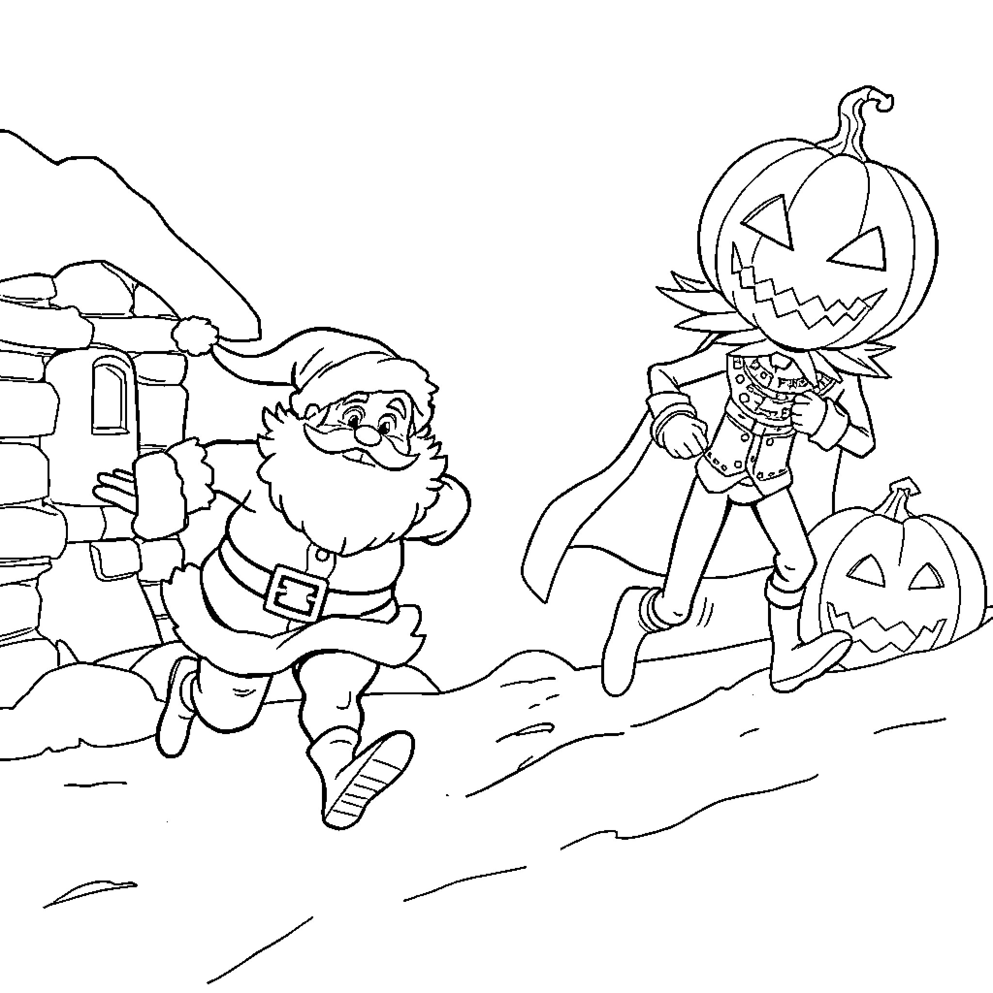 Santa Claus fleeing from a Halloween monster Coloring Page (free black-and-white line drawing printable PDF for all, from beginners to advanced learners, including children, teens, adults, and seniors)